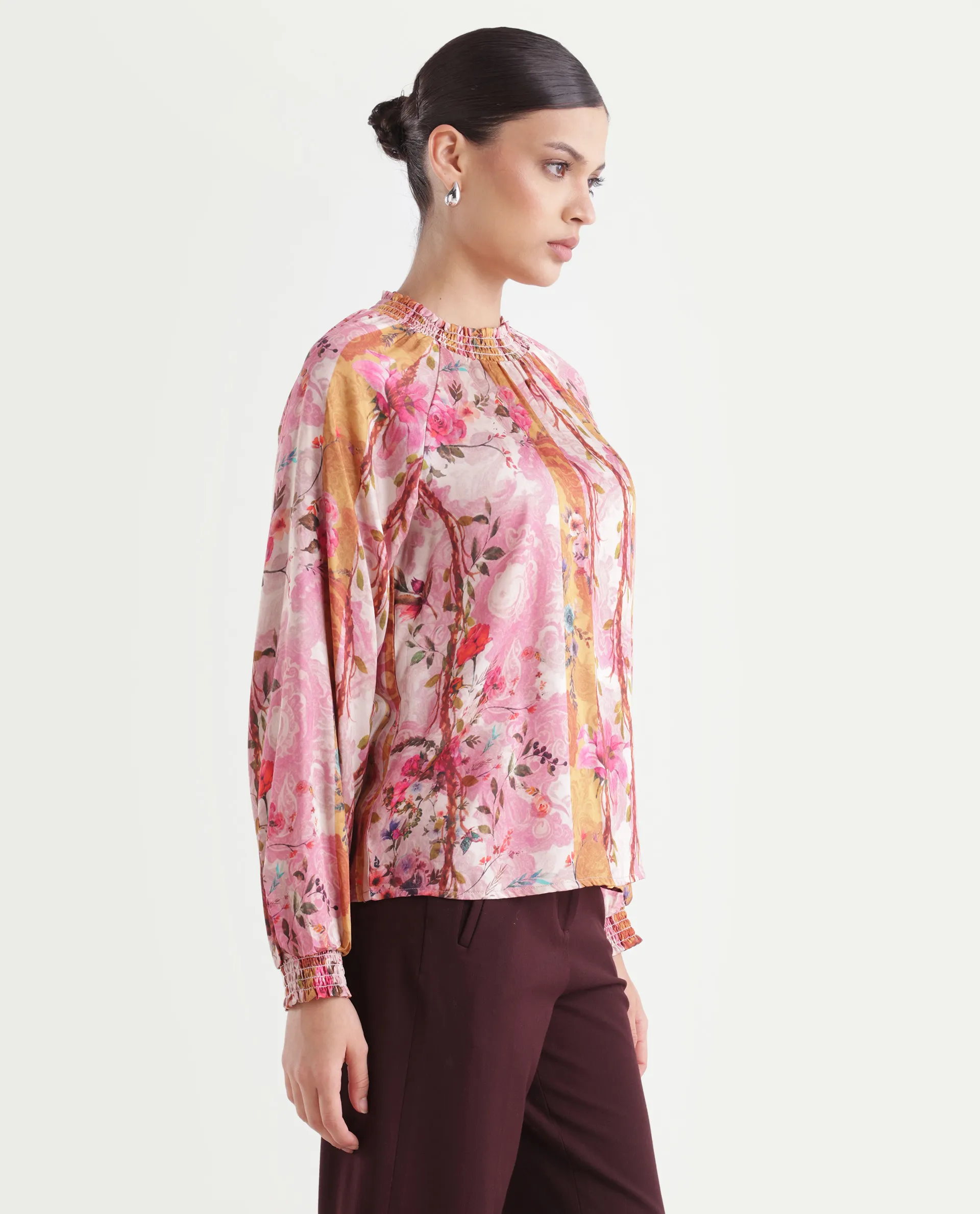 Rareism Women's Bexx Multi Cotton Blend High Neck Floral Print Bishop Sleeve Regular Fit Top - Image 5