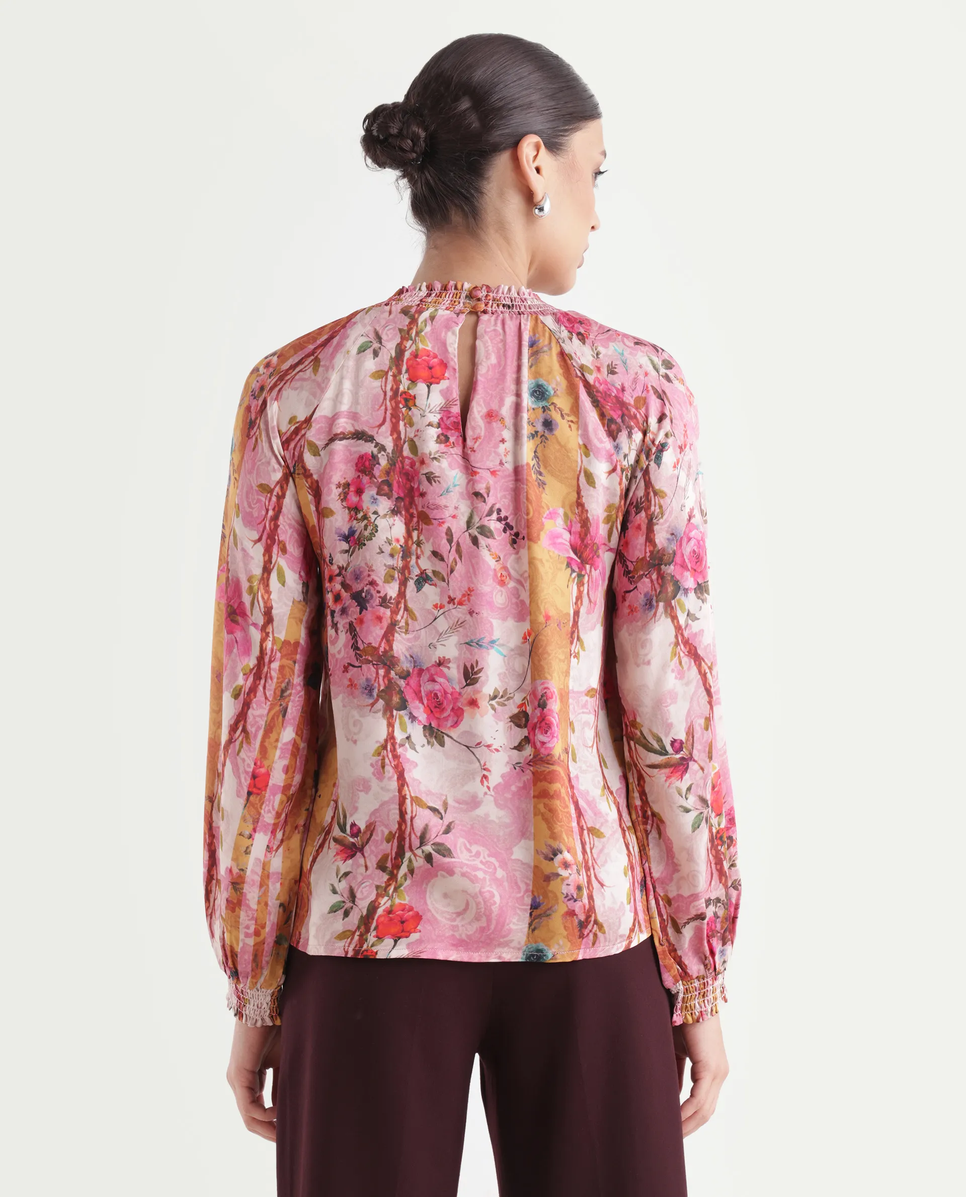 Rareism Women's Bexx Multi Cotton Blend High Neck Floral Print Bishop Sleeve Regular Fit Top - Image 6