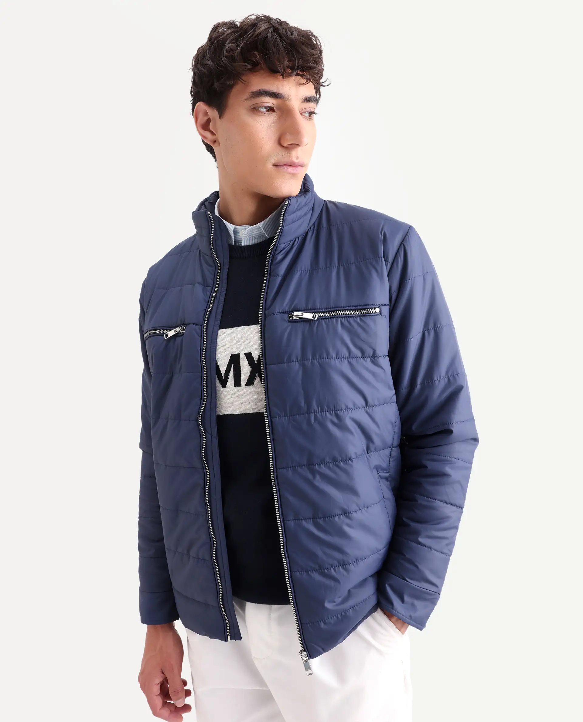 Rare Rabbit Men's Beylor Dark Navy Polyester Plain Regular Fit Full Sleeve High Neck Jacket