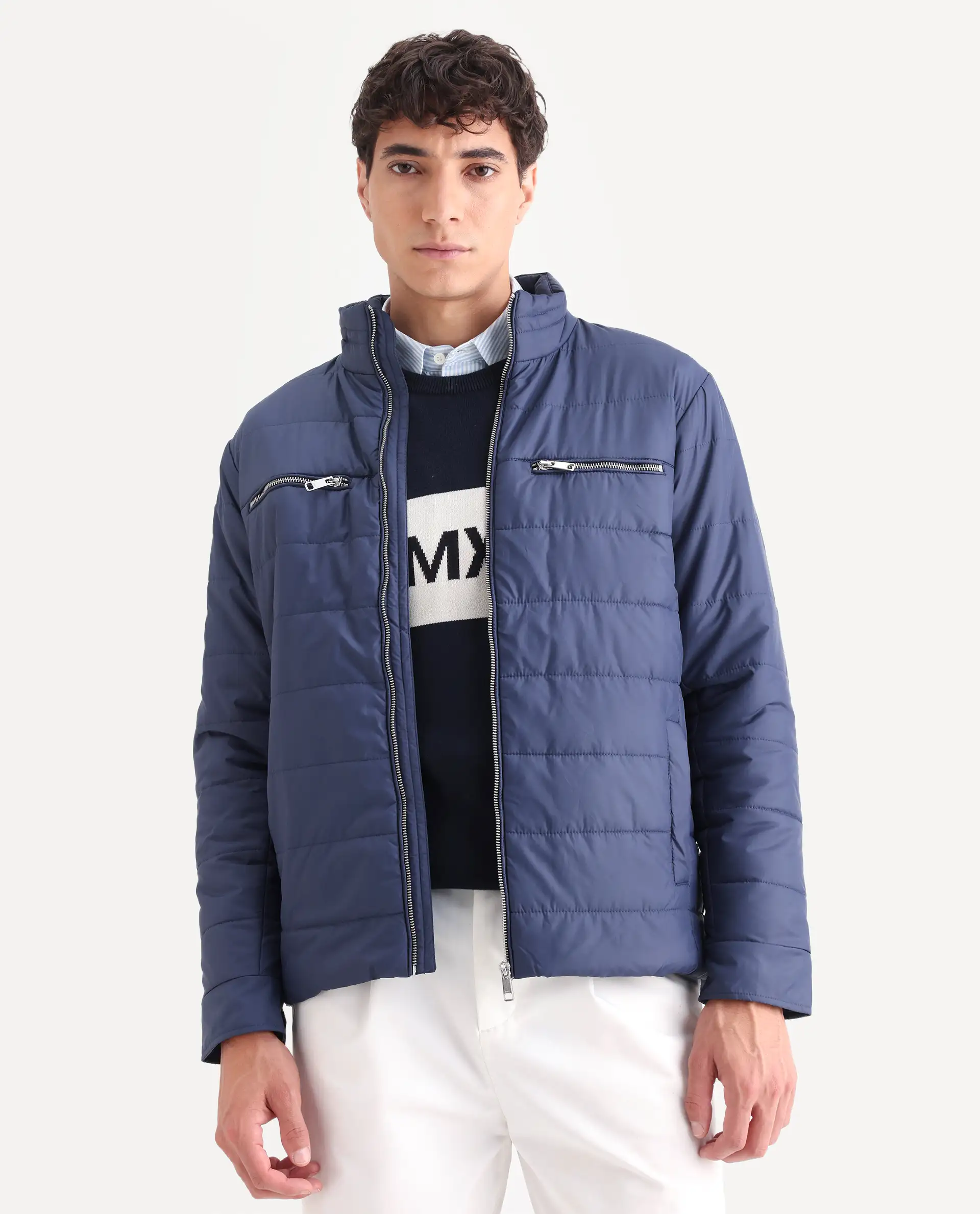 Rare Rabbit Men's Beylor Dark Navy Polyester Plain Regular Fit Full Sleeve High Neck Jacket - Image 3