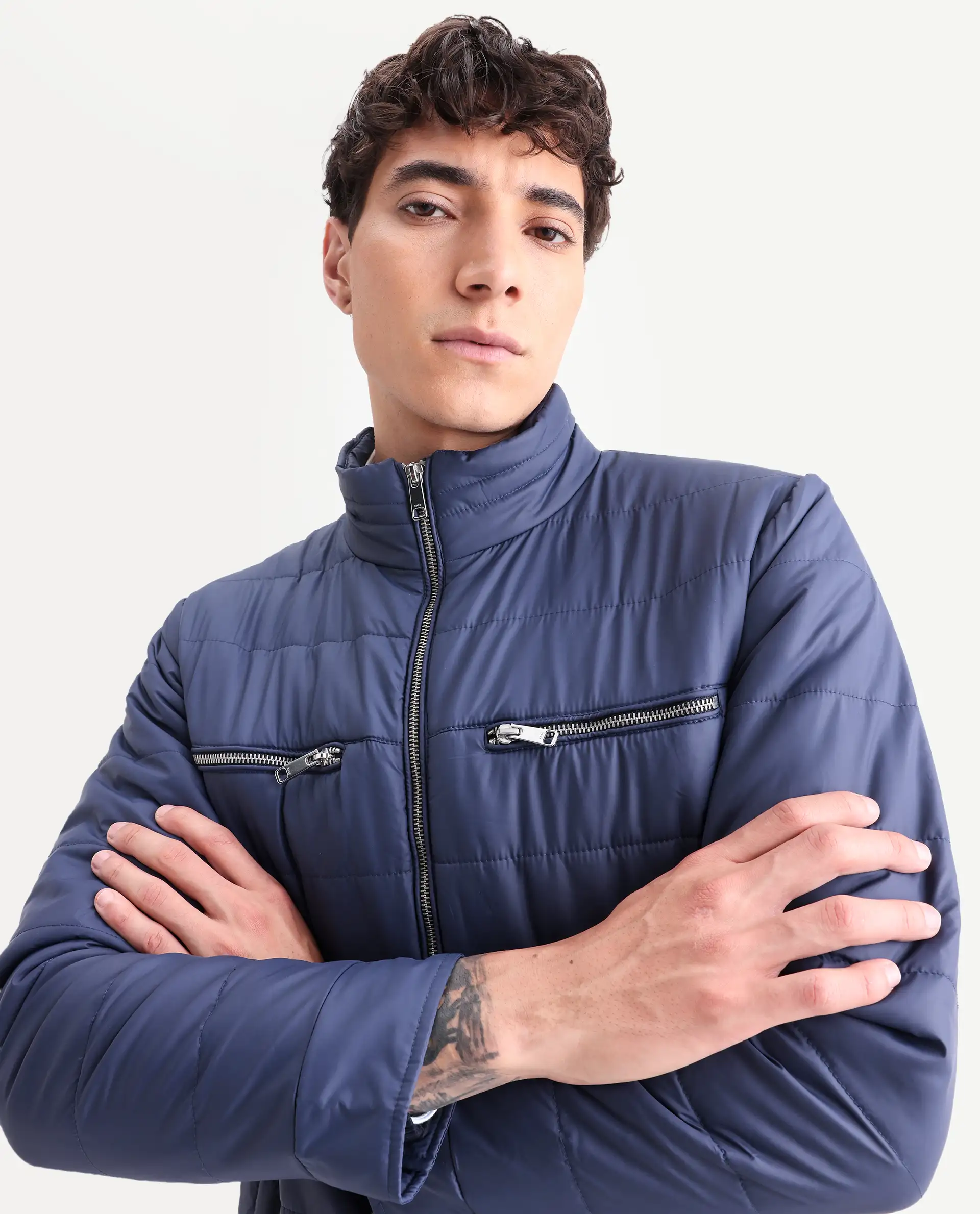 Rare Rabbit Men's Beylor Dark Navy Polyester Plain Regular Fit Full Sleeve High Neck Jacket - Image 4