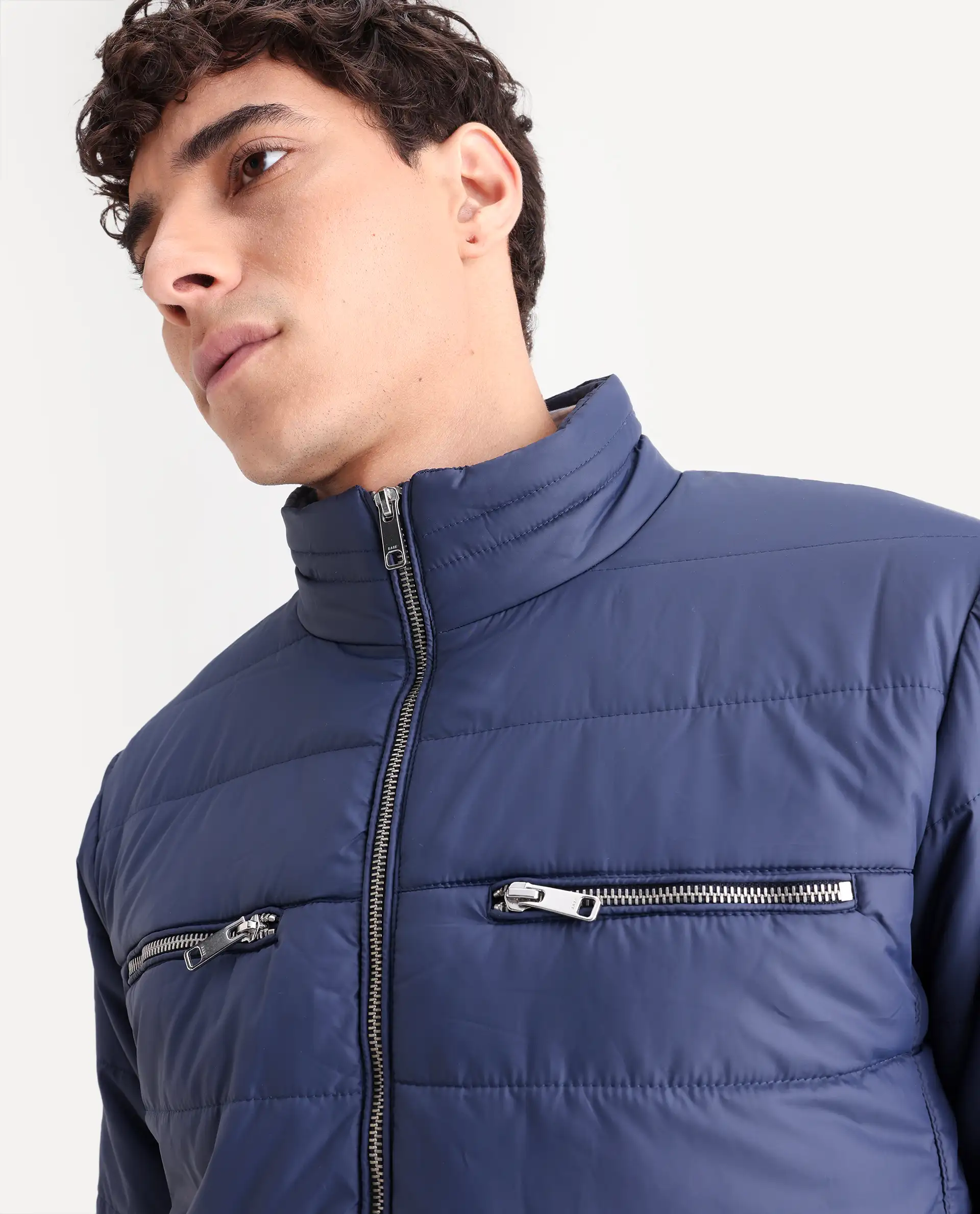 Rare Rabbit Men's Beylor Dark Navy Polyester Plain Regular Fit Full Sleeve High Neck Jacket - Image 5