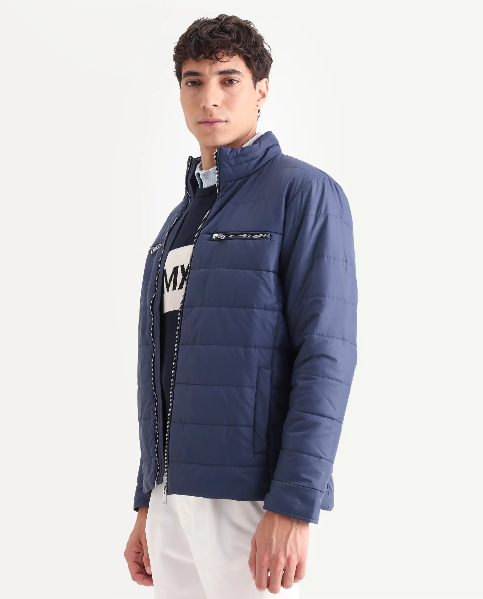 Rare Rabbit Men's Beylor Dark Navy Polyester Plain Regular Fit Full Sleeve High Neck Jacket - Image 6