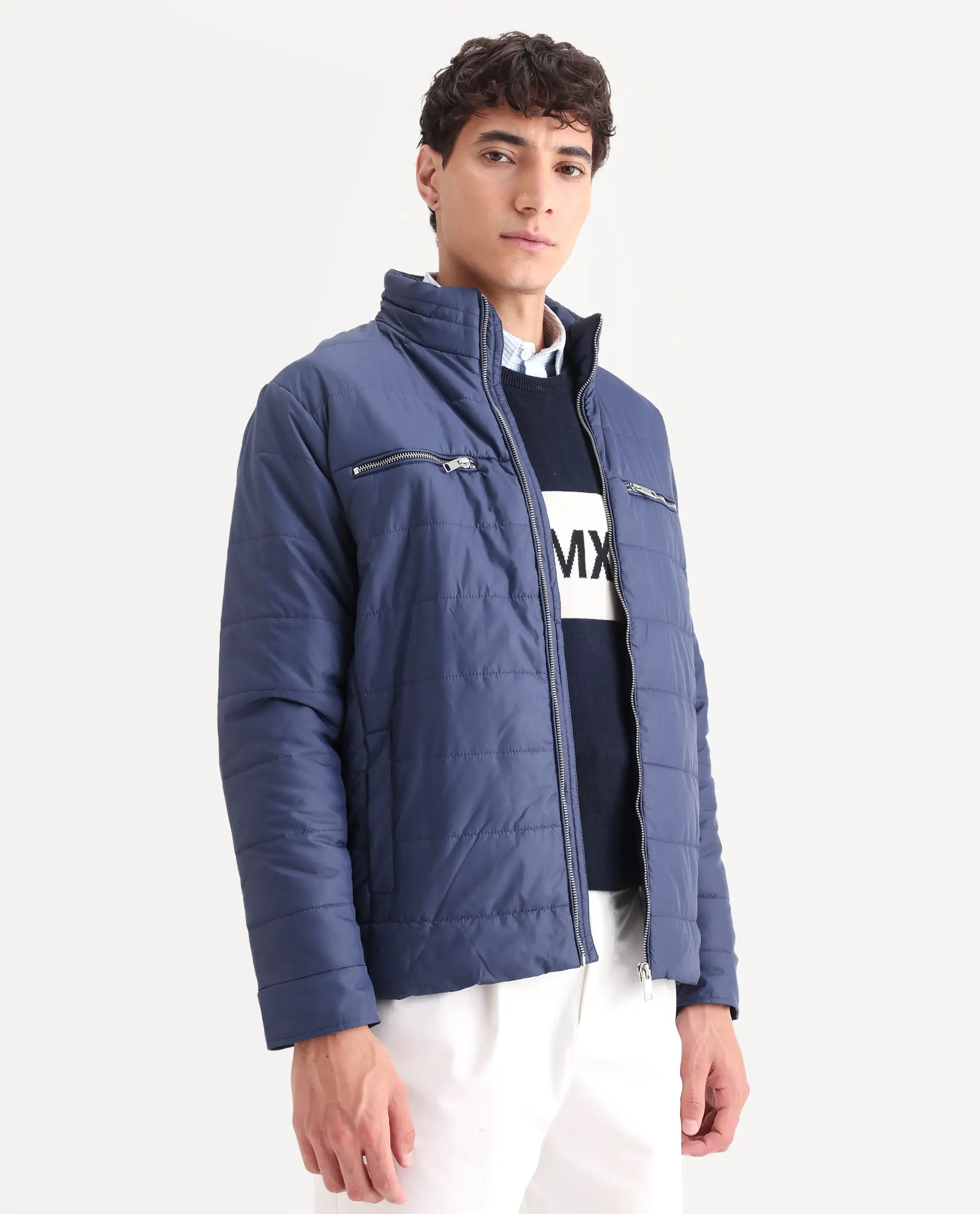 Rare Rabbit Men's Beylor Dark Navy Polyester Plain Regular Fit Full Sleeve High Neck Jacket - Image 7