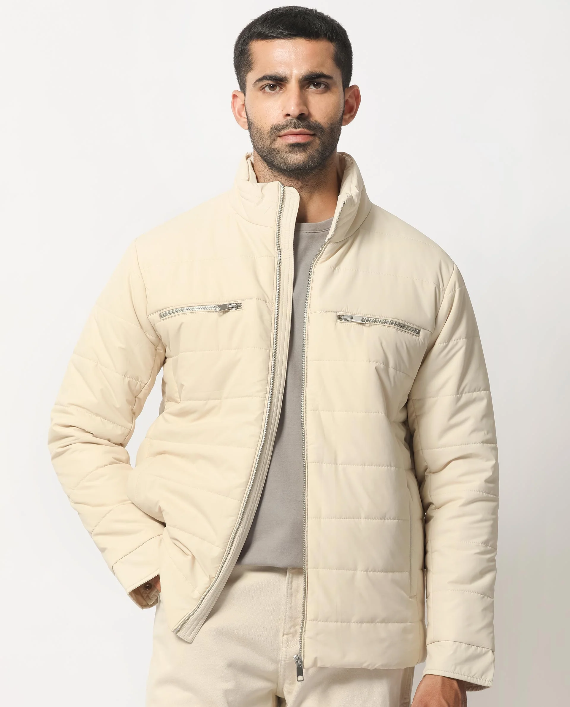 Rare Rabbit Men's Beylor Light Beige Polyester Plain Regular Fit Full Sleeve High Neck Jacket - Image 2