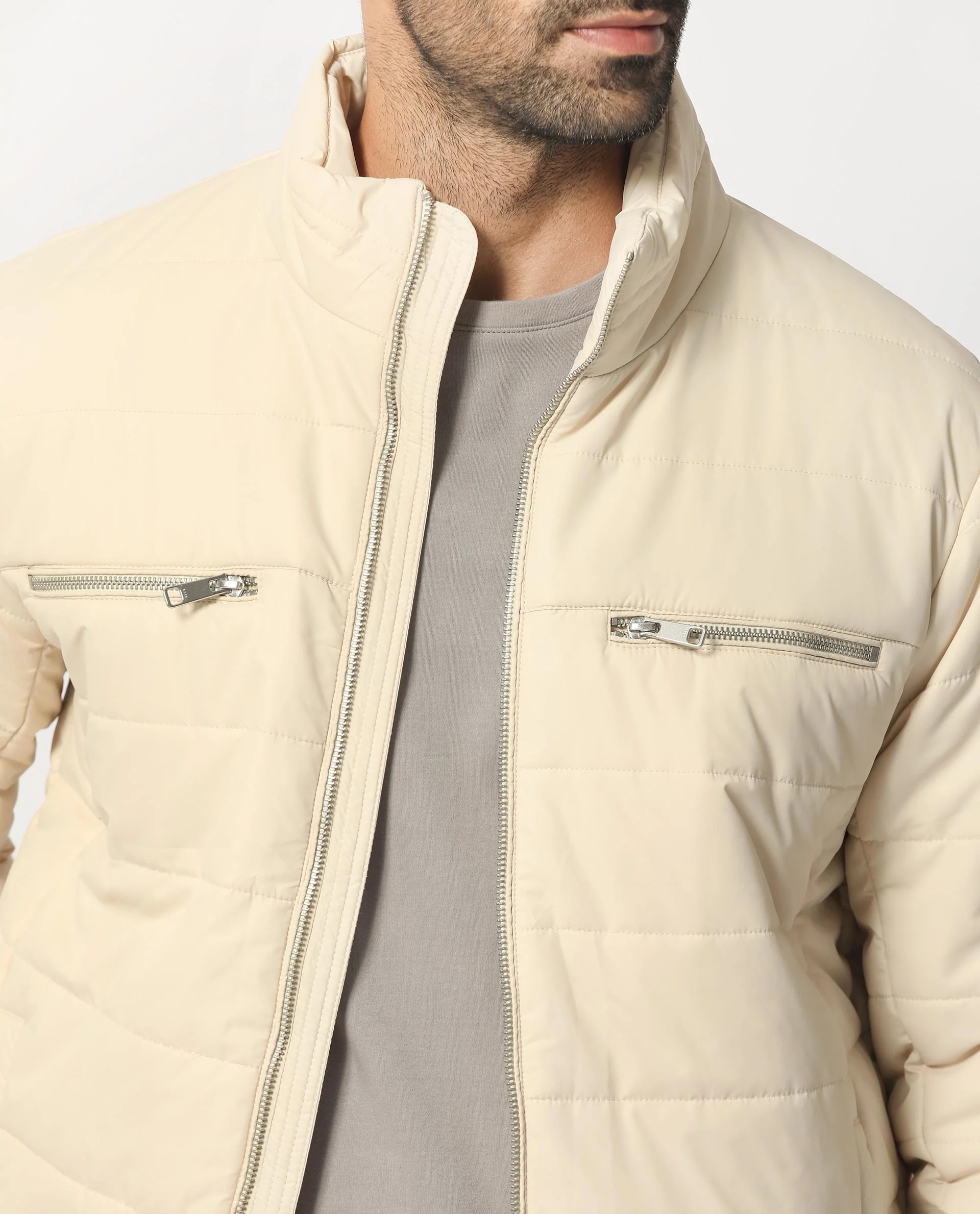 Rare Rabbit Men's Beylor Light Beige Polyester Plain Regular Fit Full Sleeve High Neck Jacket - Image 3