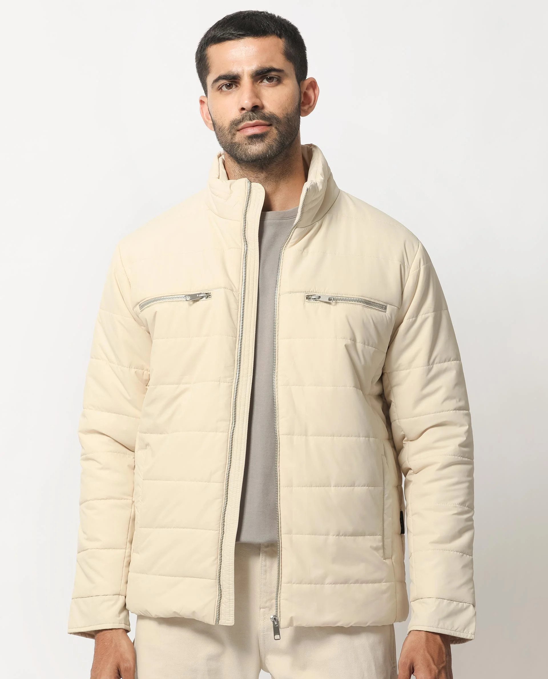 Rare Rabbit Men's Beylor Light Beige Polyester Plain Regular Fit Full Sleeve High Neck Jacket - Image 4