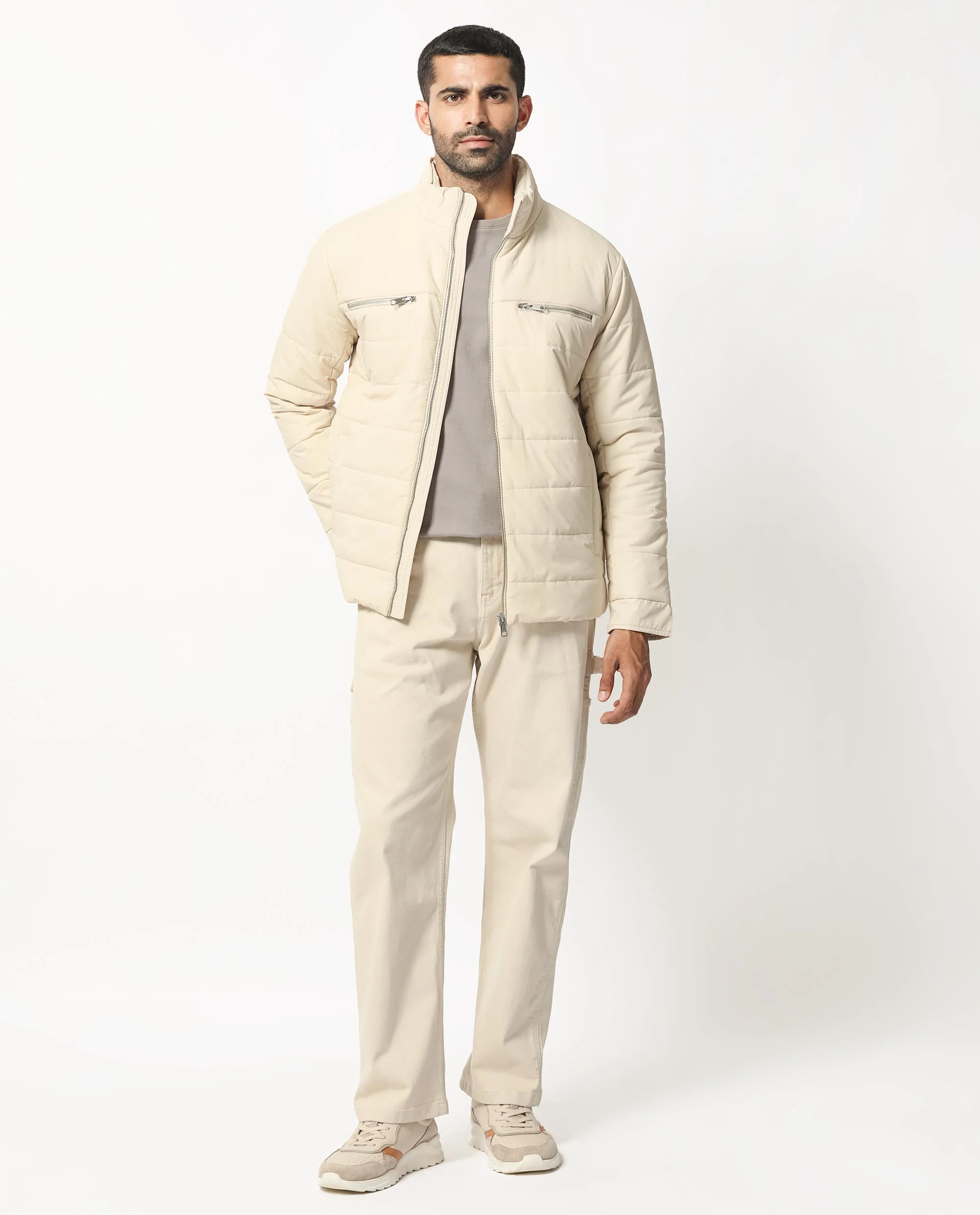 Rare Rabbit Men's Beylor Light Beige Polyester Plain Regular Fit Full Sleeve High Neck Jacket - Image 5