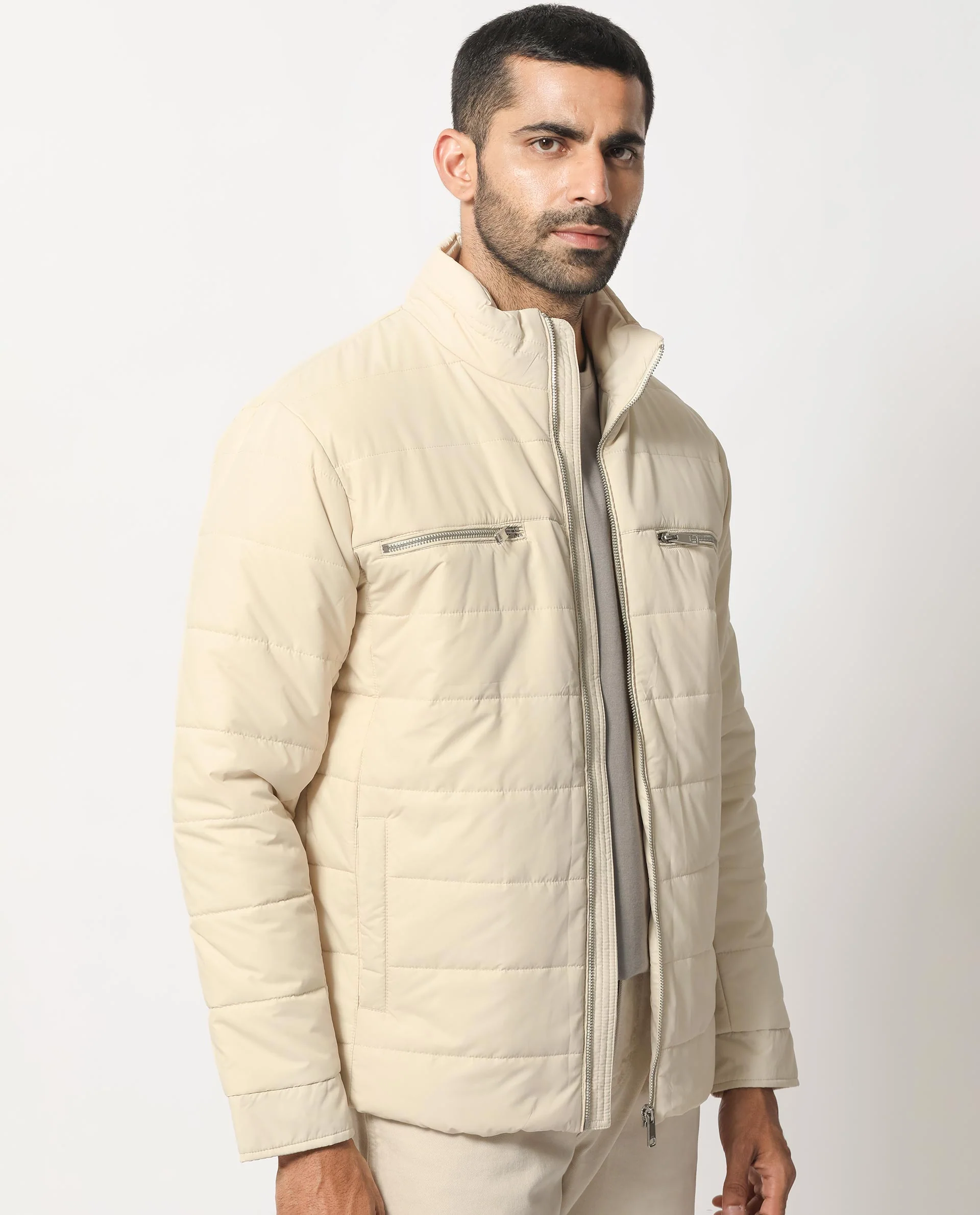 Rare Rabbit Men's Beylor Light Beige Polyester Plain Regular Fit Full Sleeve High Neck Jacket - Image 6