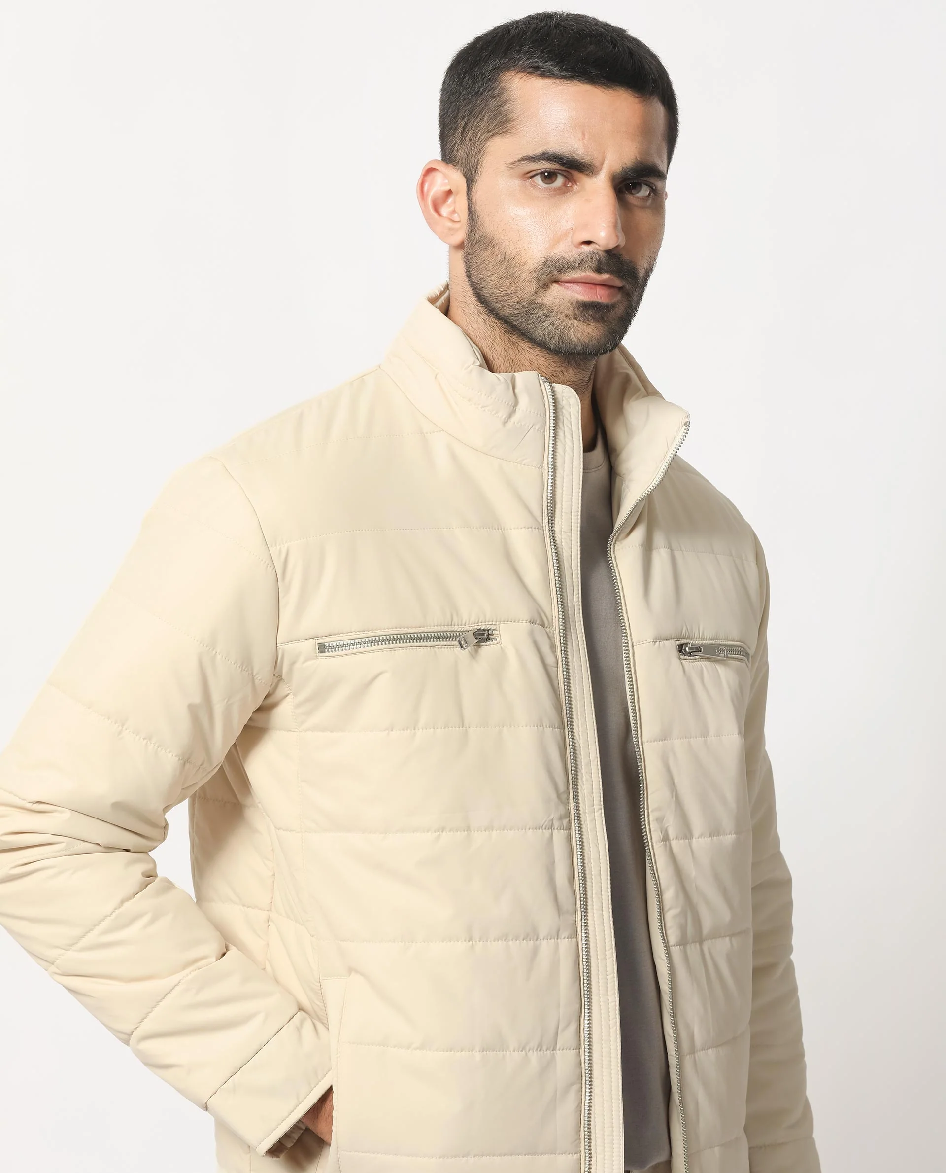 Rare Rabbit Men's Beylor Light Beige Polyester Plain Regular Fit Full Sleeve High Neck Jacket - Image 7