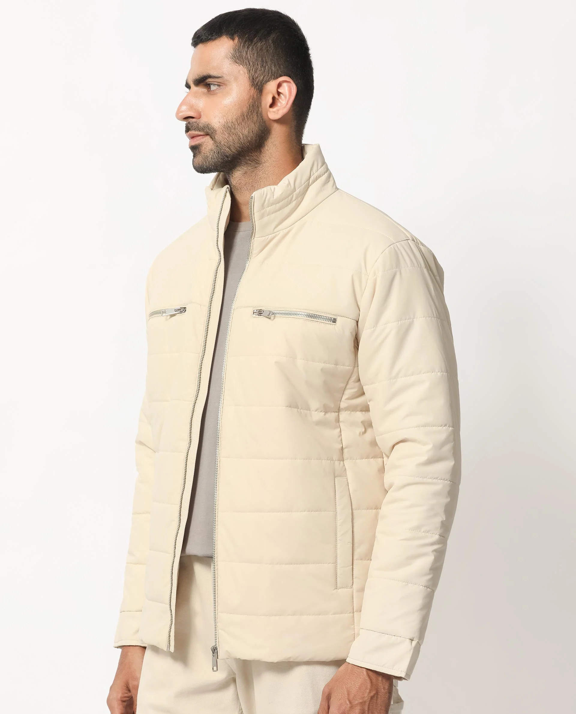 Rare Rabbit Men's Beylor Light Beige Polyester Plain Regular Fit Full Sleeve High Neck Jacket - Image 8