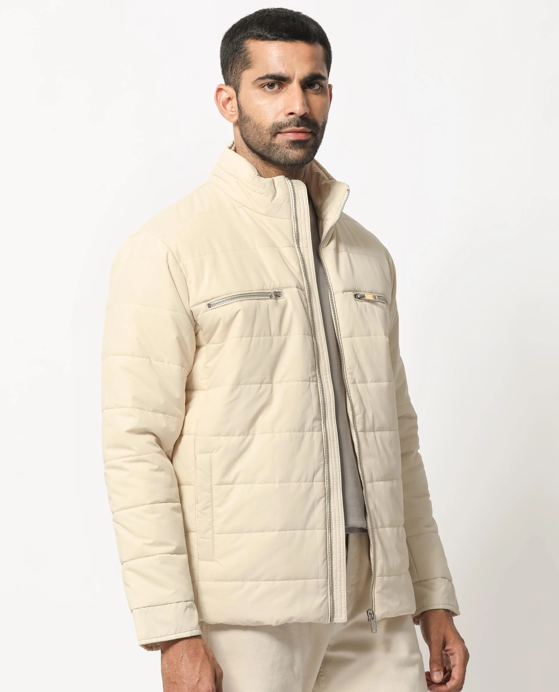 Rare Rabbit Men's Beylor Light Beige Polyester Plain Regular Fit Full Sleeve High Neck Jacket - Image 9