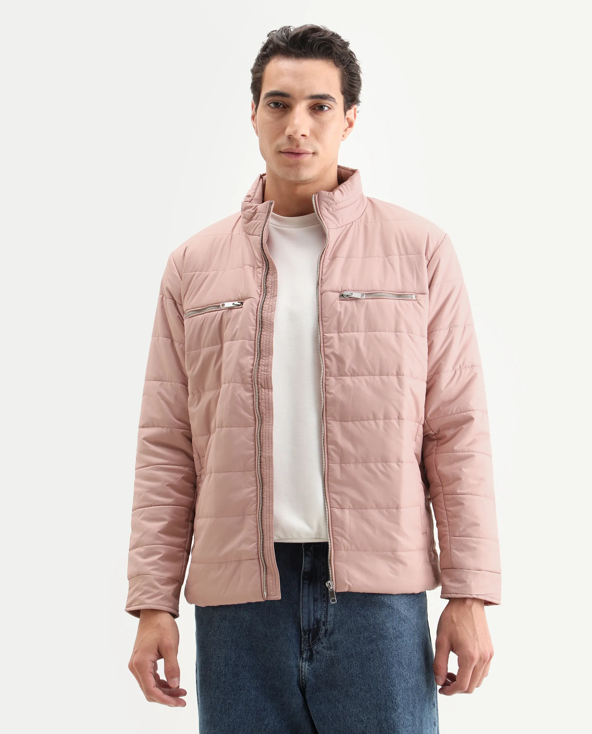 Rare Rabbit Men's Beylor Light Peach Polyester Plain Regular Fit Full Sleeve High Neck Jacket