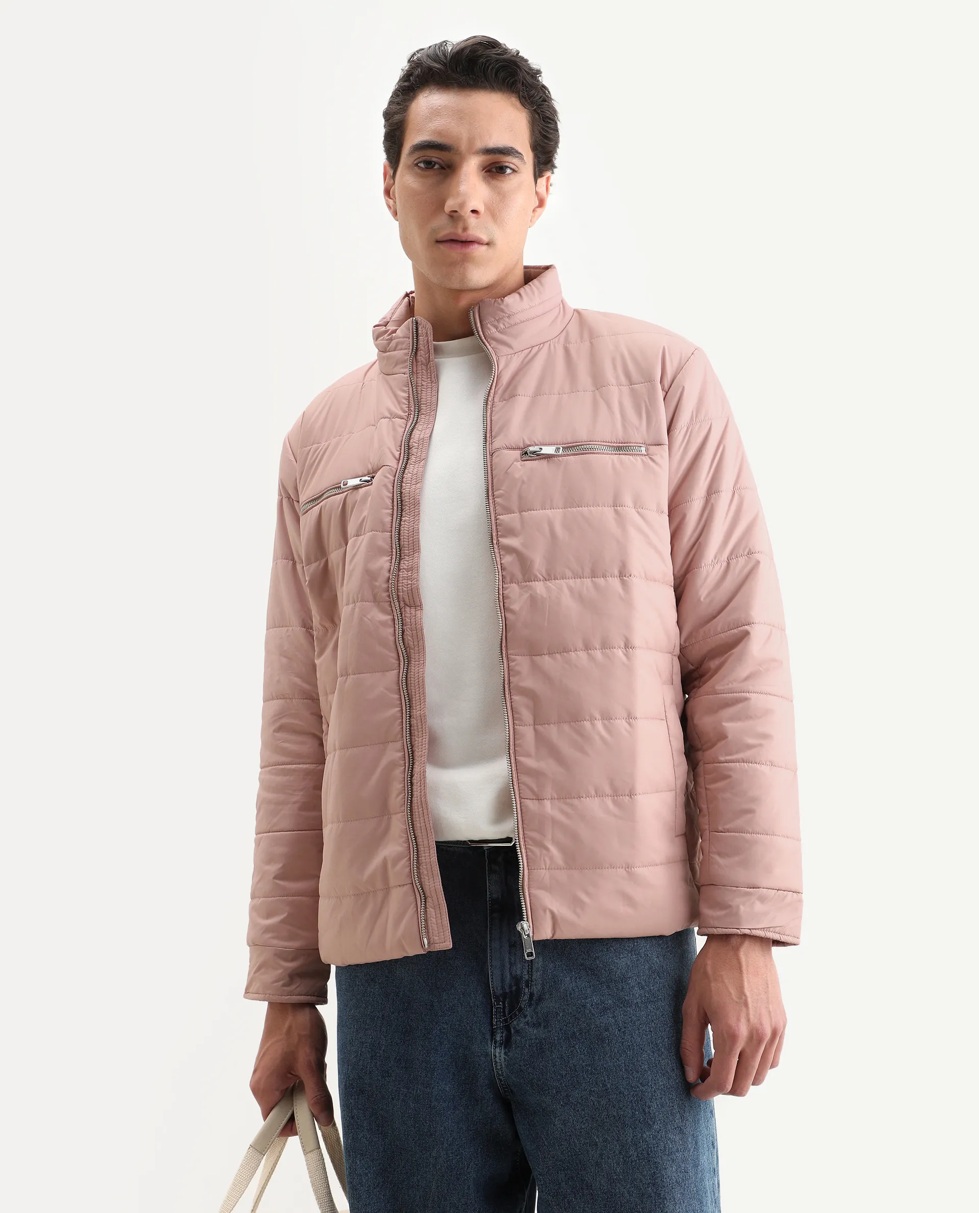 Rare Rabbit Men's Beylor Light Peach Polyester Plain Regular Fit Full Sleeve High Neck Jacket - Image 3