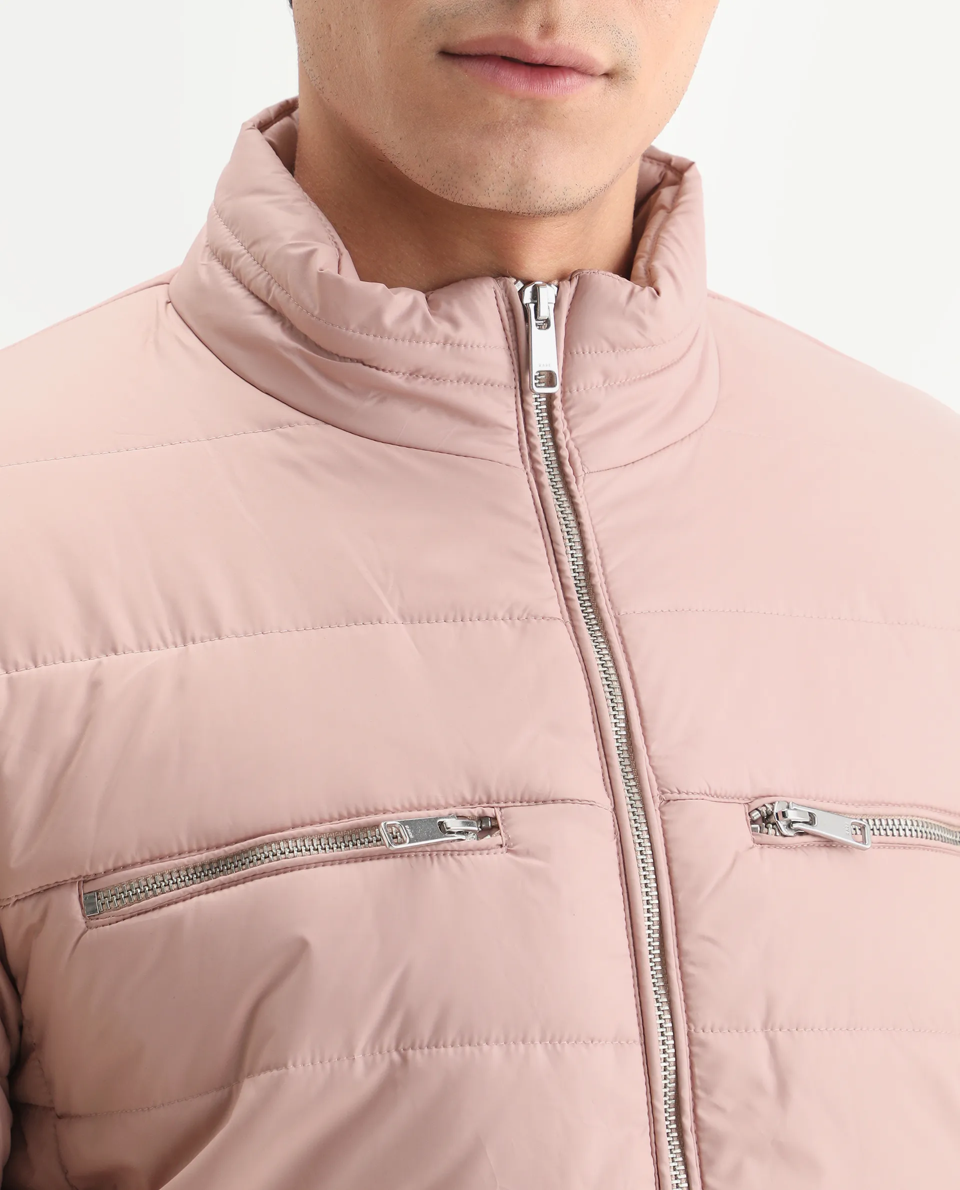 Rare Rabbit Men's Beylor Light Peach Polyester Plain Regular Fit Full Sleeve High Neck Jacket - Image 4