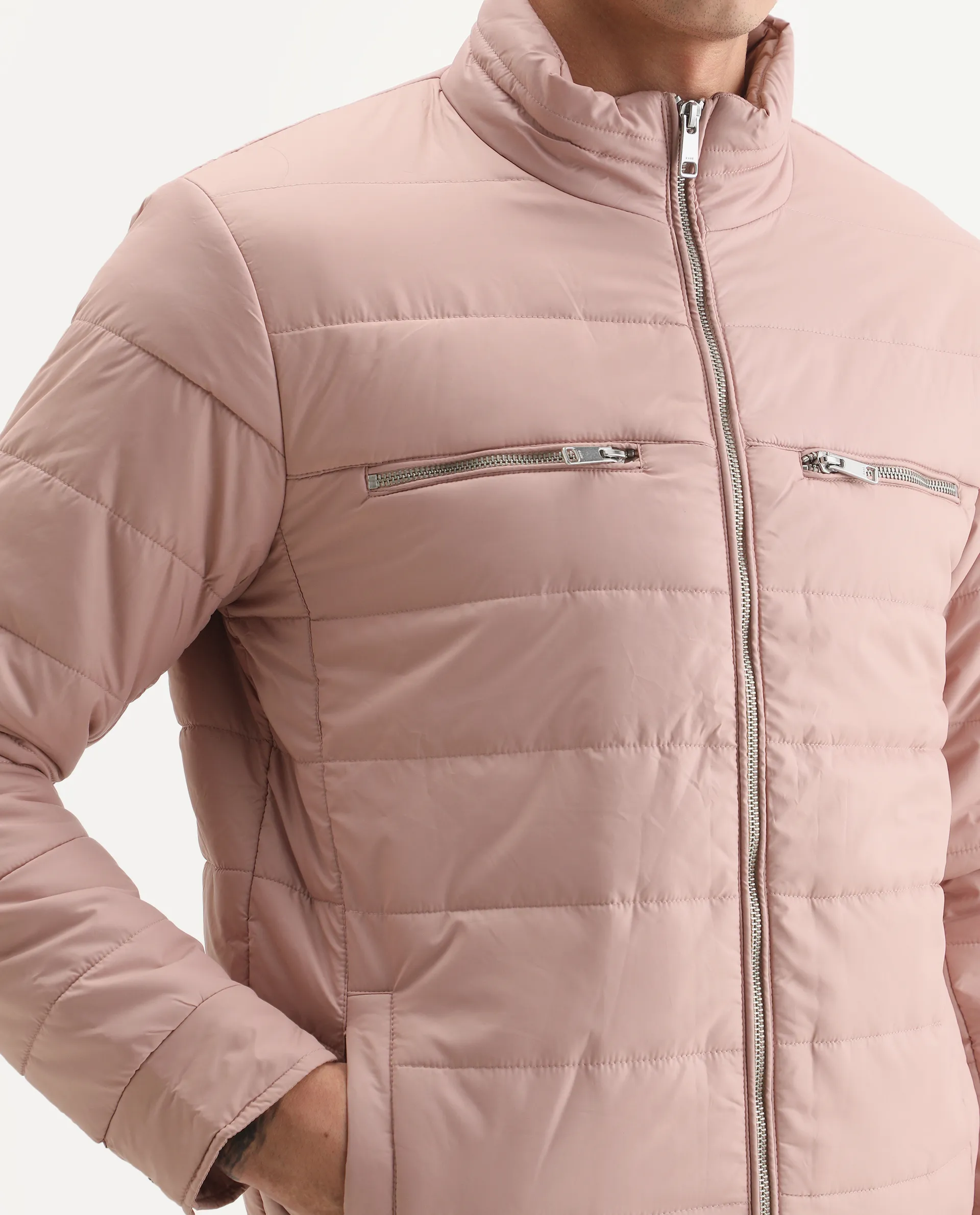 Rare Rabbit Men's Beylor Light Peach Polyester Plain Regular Fit Full Sleeve High Neck Jacket - Image 5
