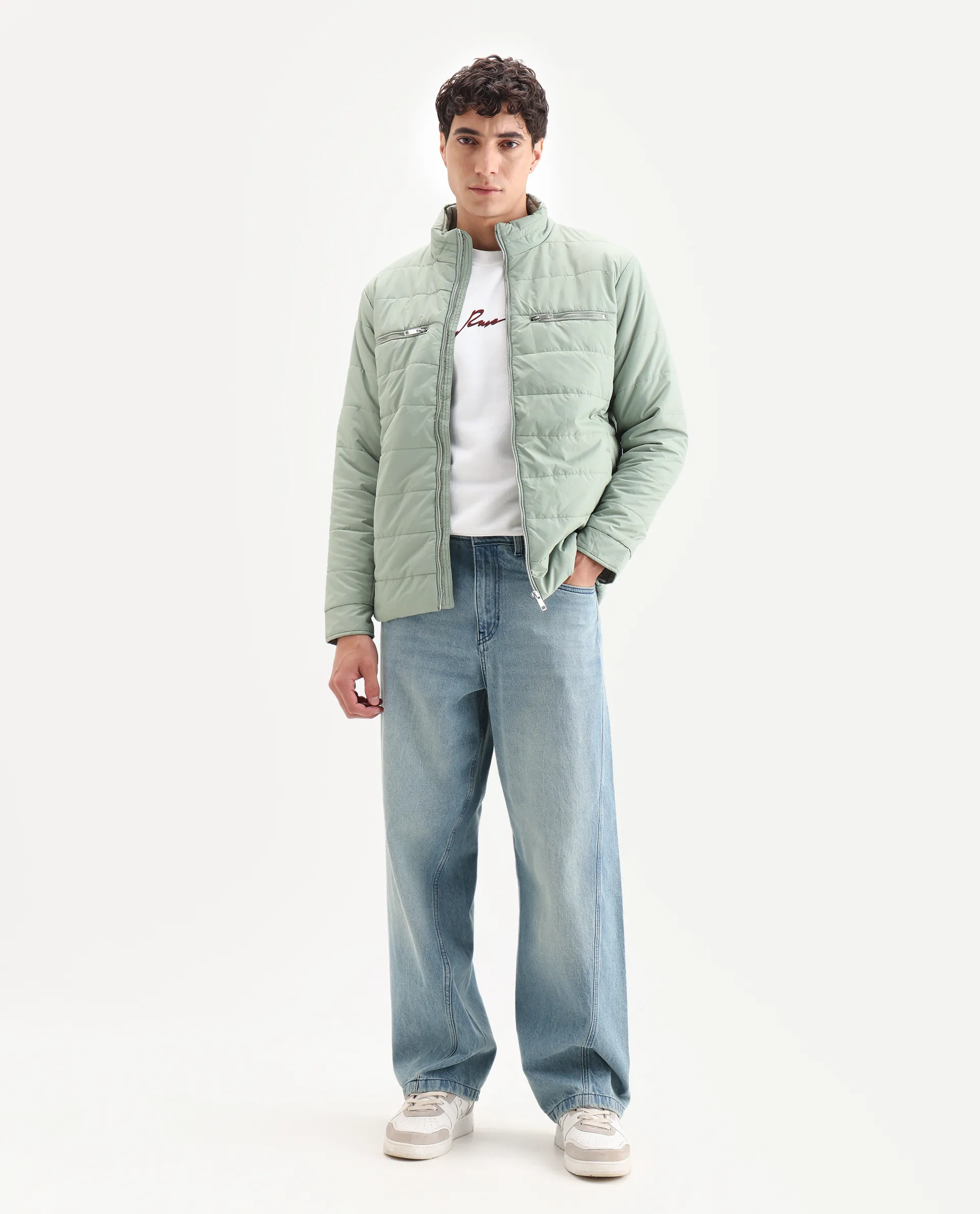 Rare Rabbit Men's Beylor Pastel Green Polyester Plain Regular Fit Full Sleeve High Neck Jacket - Image 2