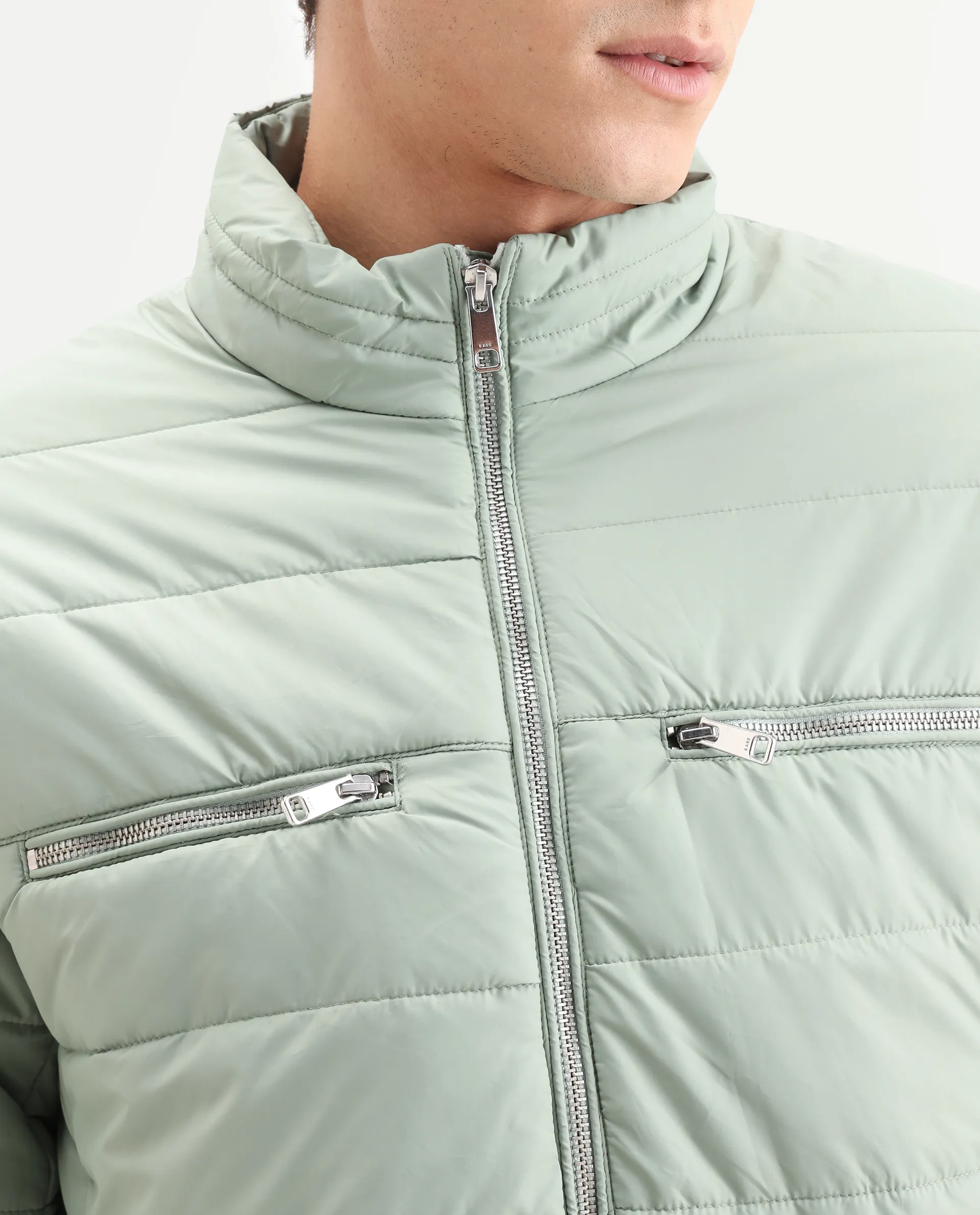 Rare Rabbit Men's Beylor Pastel Green Polyester Plain Regular Fit Full Sleeve High Neck Jacket - Image 3