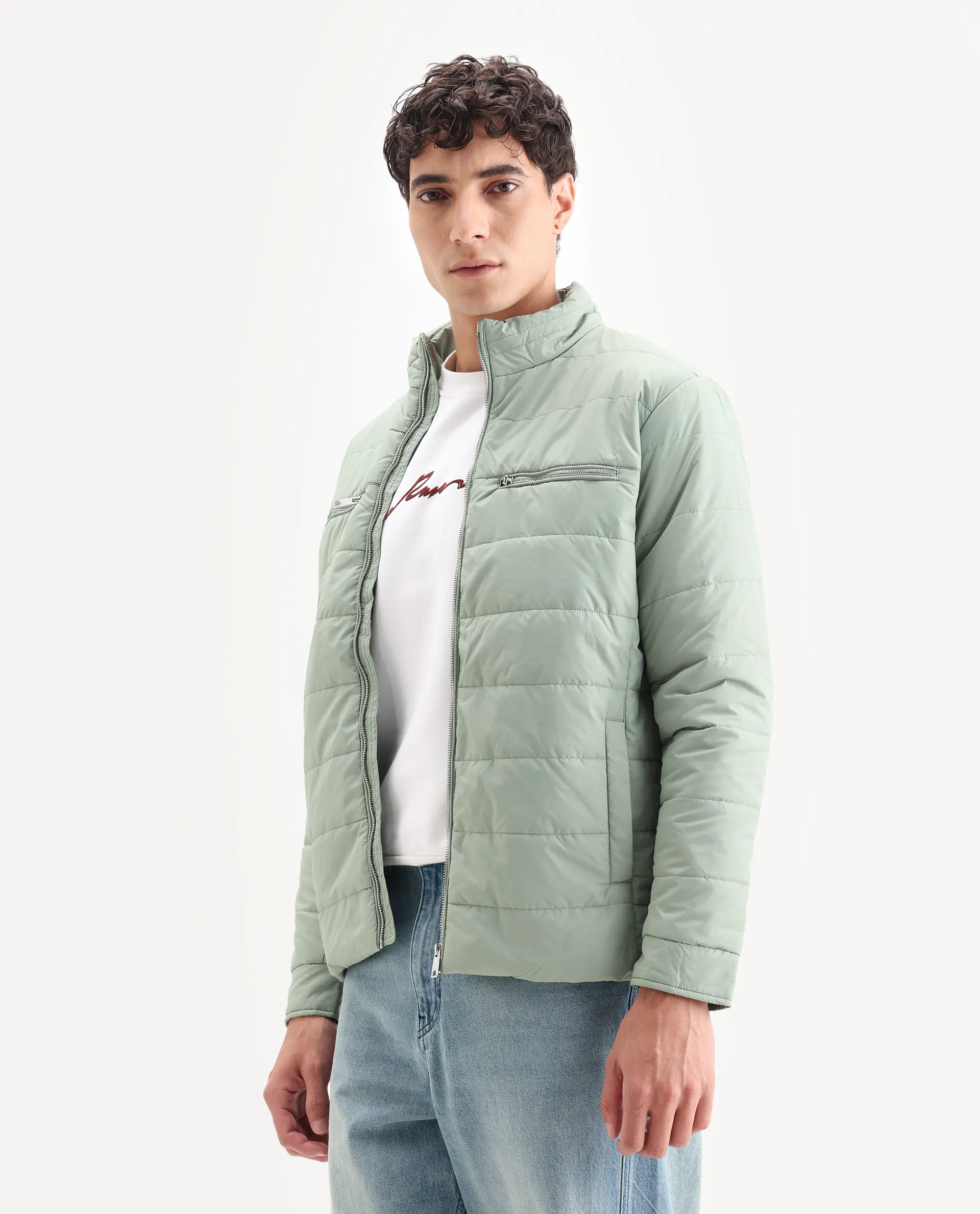 Rare Rabbit Men's Beylor Pastel Green Polyester Plain Regular Fit Full Sleeve High Neck Jacket - Image 4