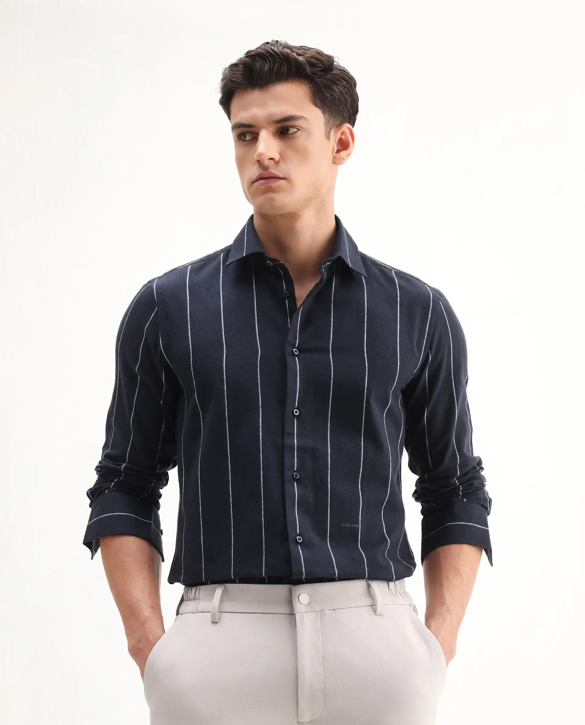 Rare Rabbit Men's Beymen Navy Cotton Striped Print Regular Fit Full Sleeve Collared Shirt - Image 4