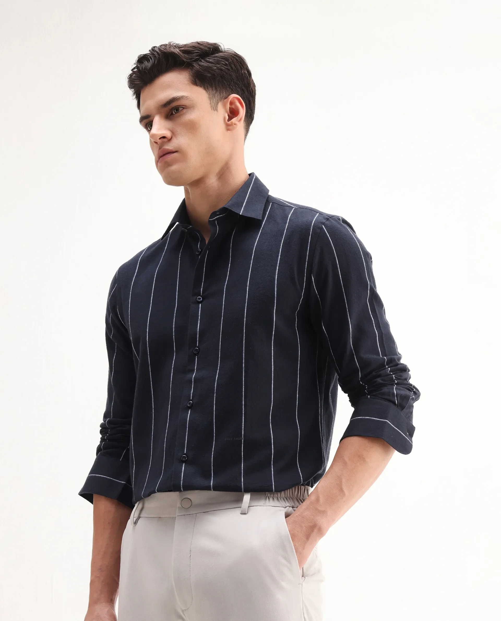Rare Rabbit Men's Beymen Navy Cotton Striped Print Regular Fit Full Sleeve Collared Shirt - Image 5