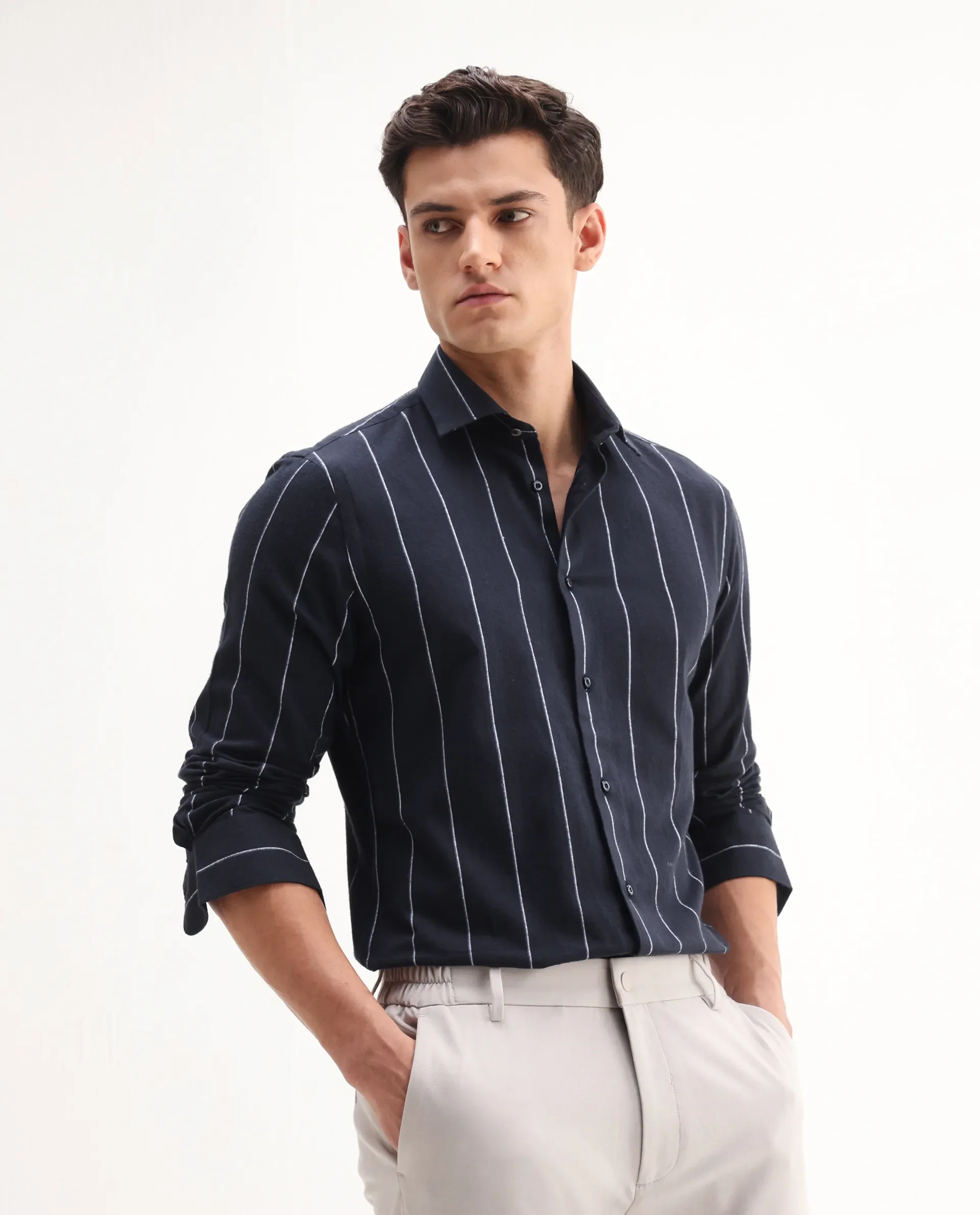 Rare Rabbit Men's Beymen Navy Cotton Striped Print Regular Fit Full Sleeve Collared Shirt - Image 6