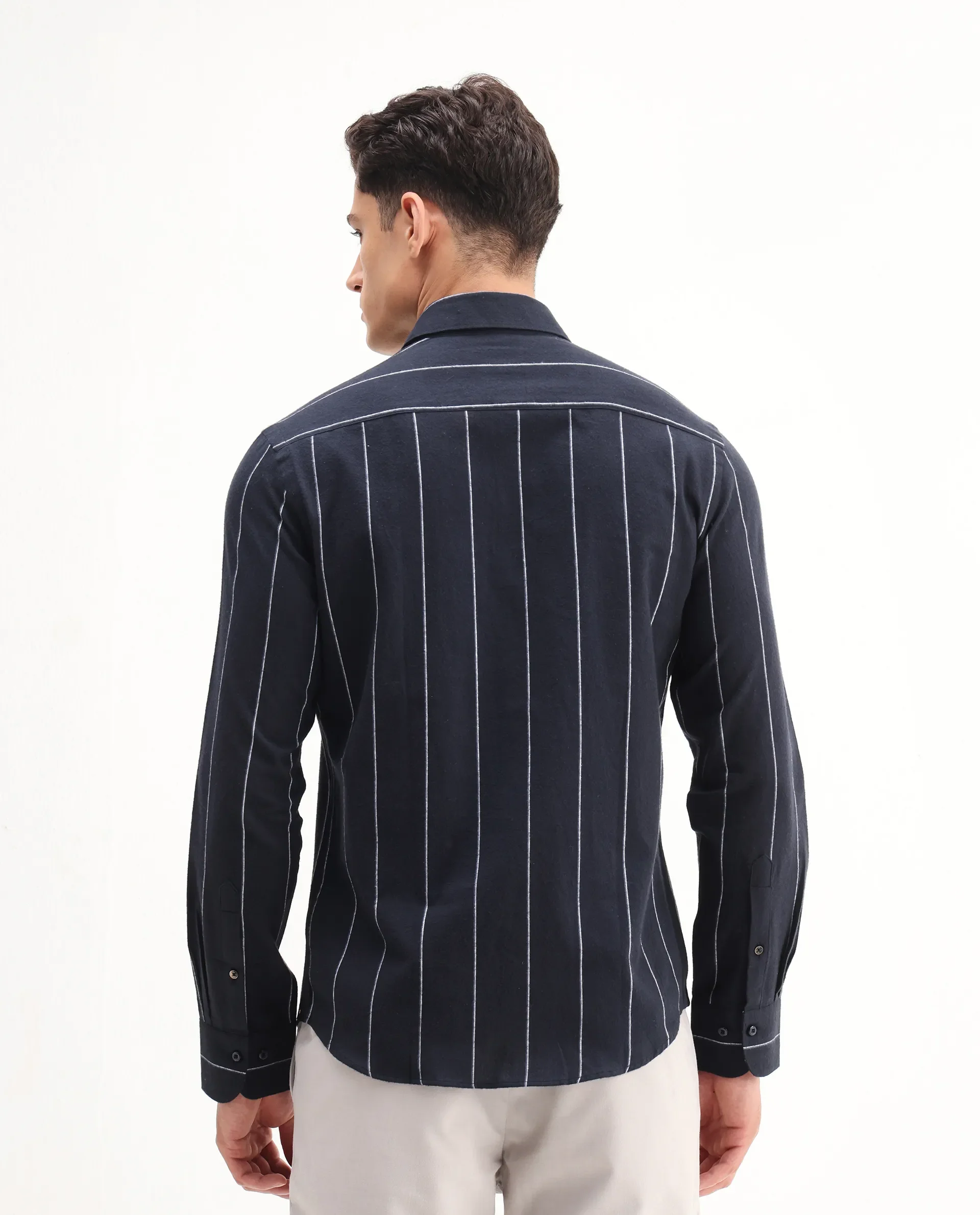 Rare Rabbit Men's Beymen Navy Cotton Striped Print Regular Fit Full Sleeve Collared Shirt - Image 7