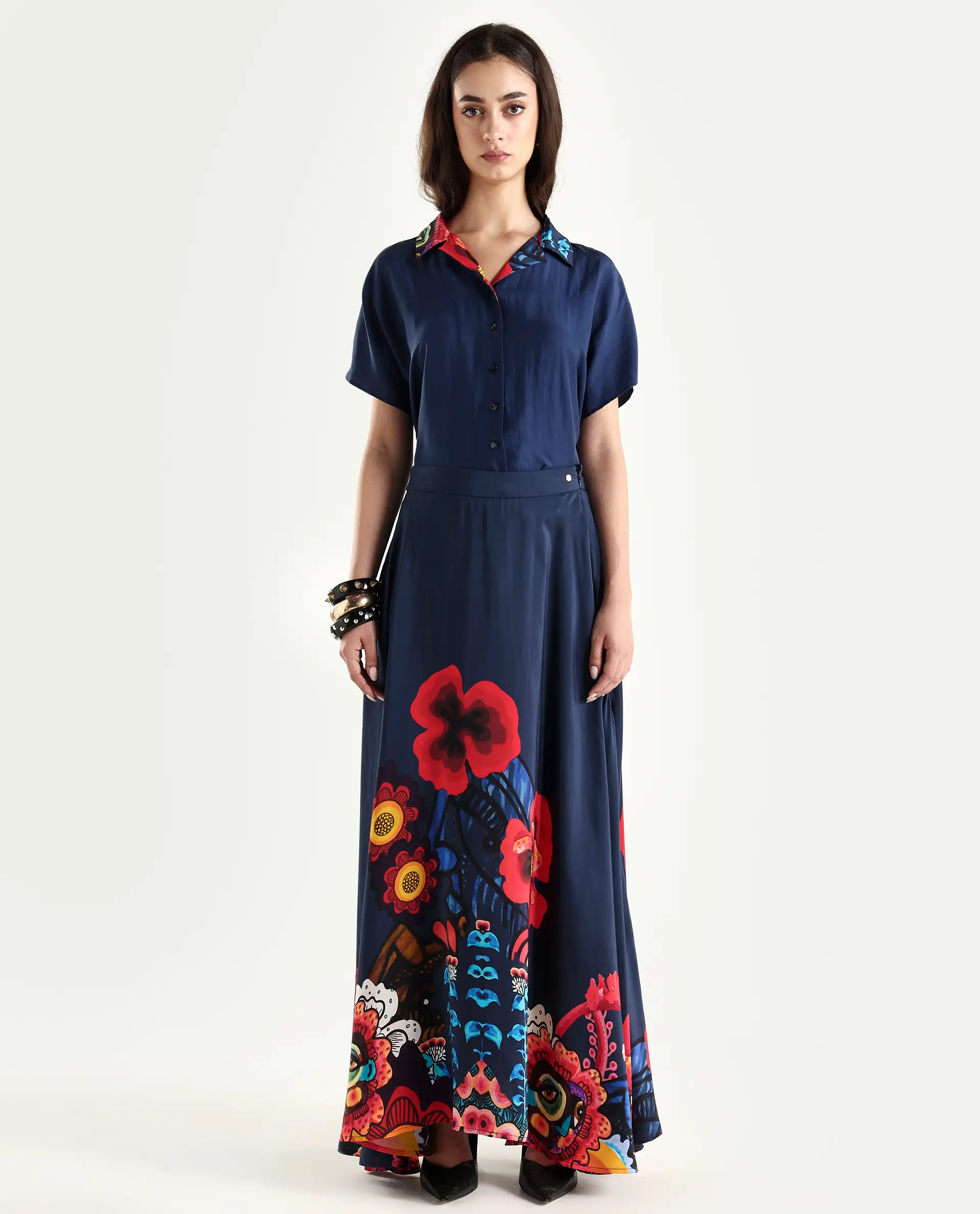 Rareism Women's Bezfa-B Navy Silk Flared Abstract Print Skirt - Image 2