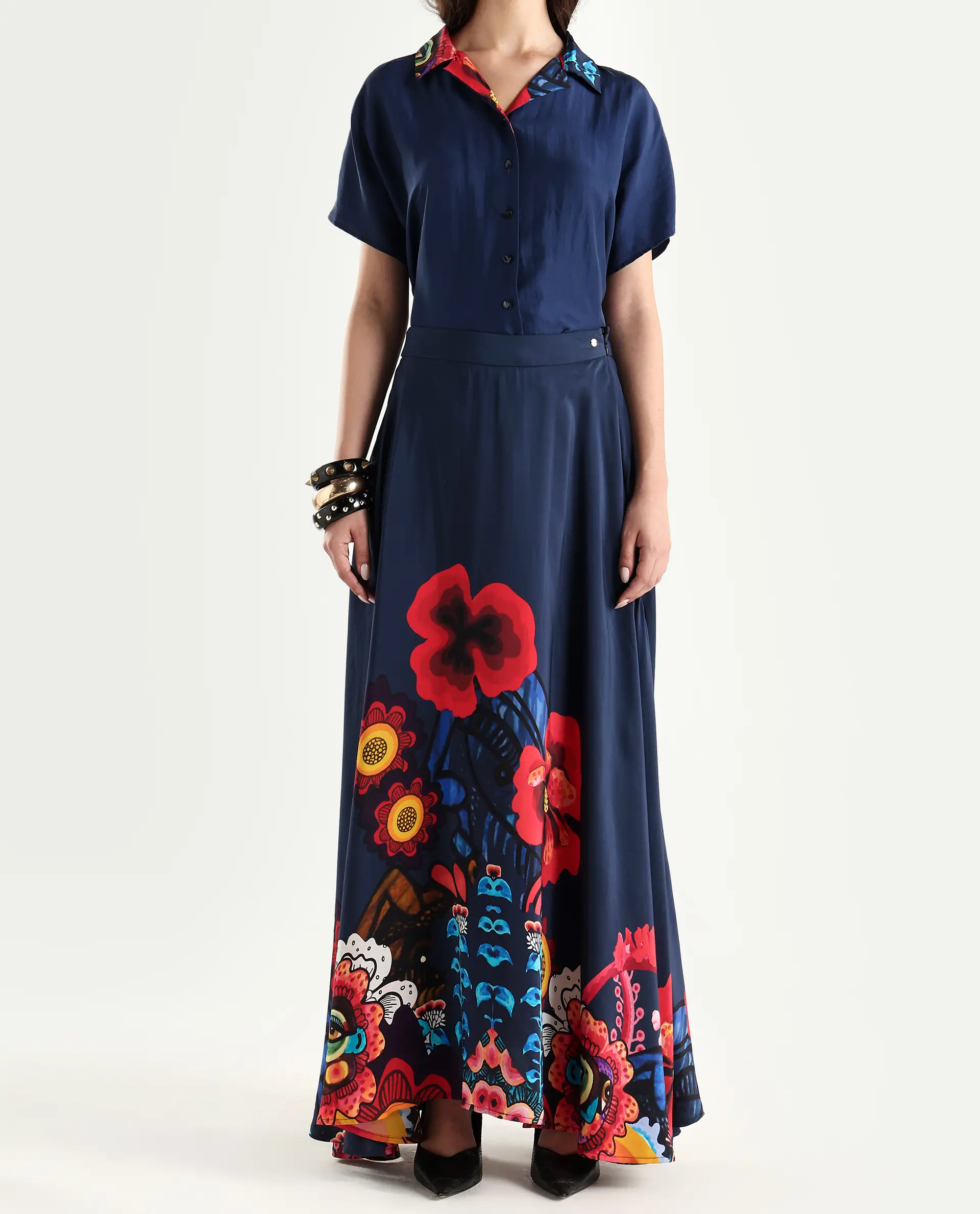 Rareism Women's Bezfa-B Navy Silk Flared Abstract Print Skirt - Image 3