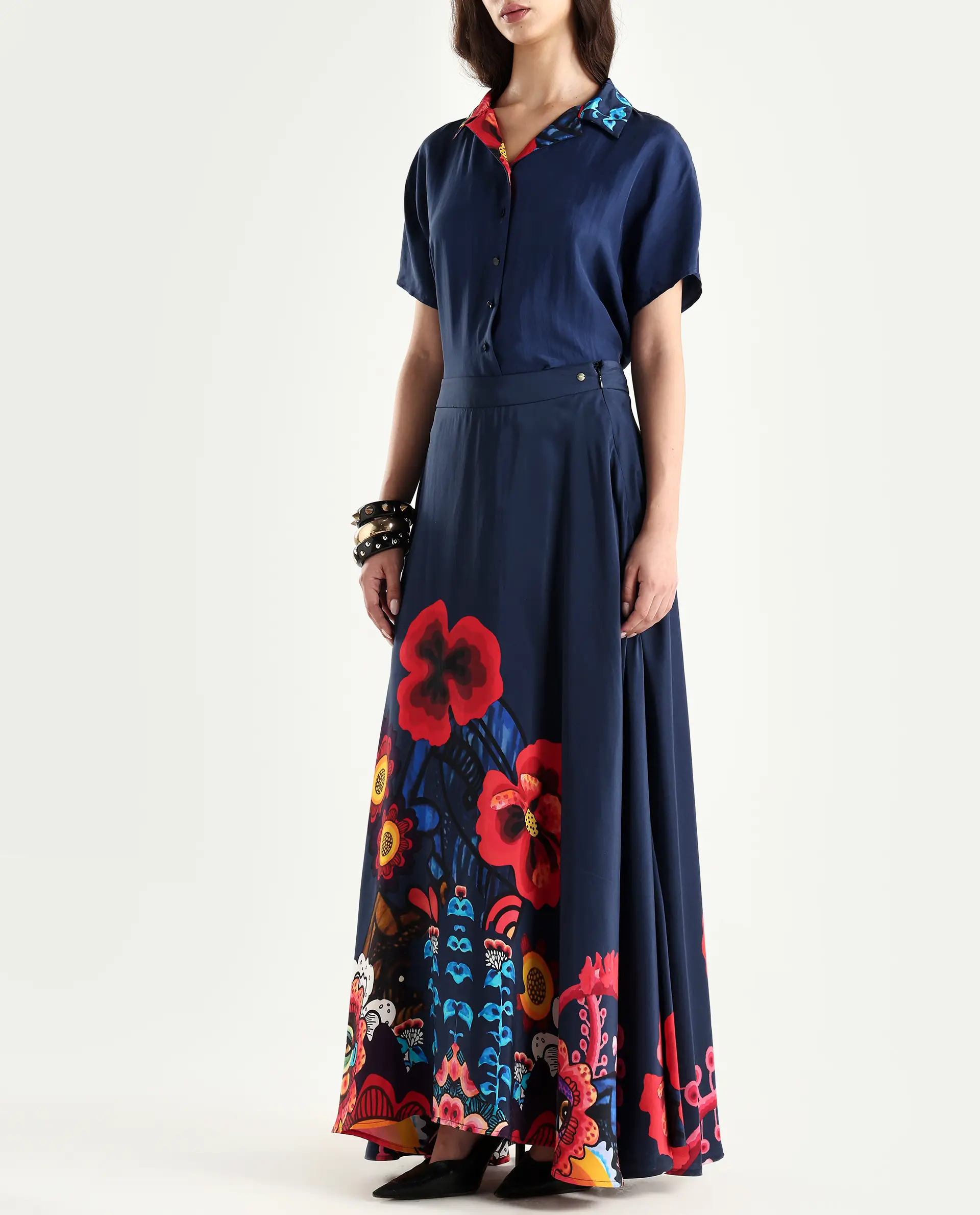Rareism Women's Bezfa-B Navy Silk Flared Abstract Print Skirt - Image 5