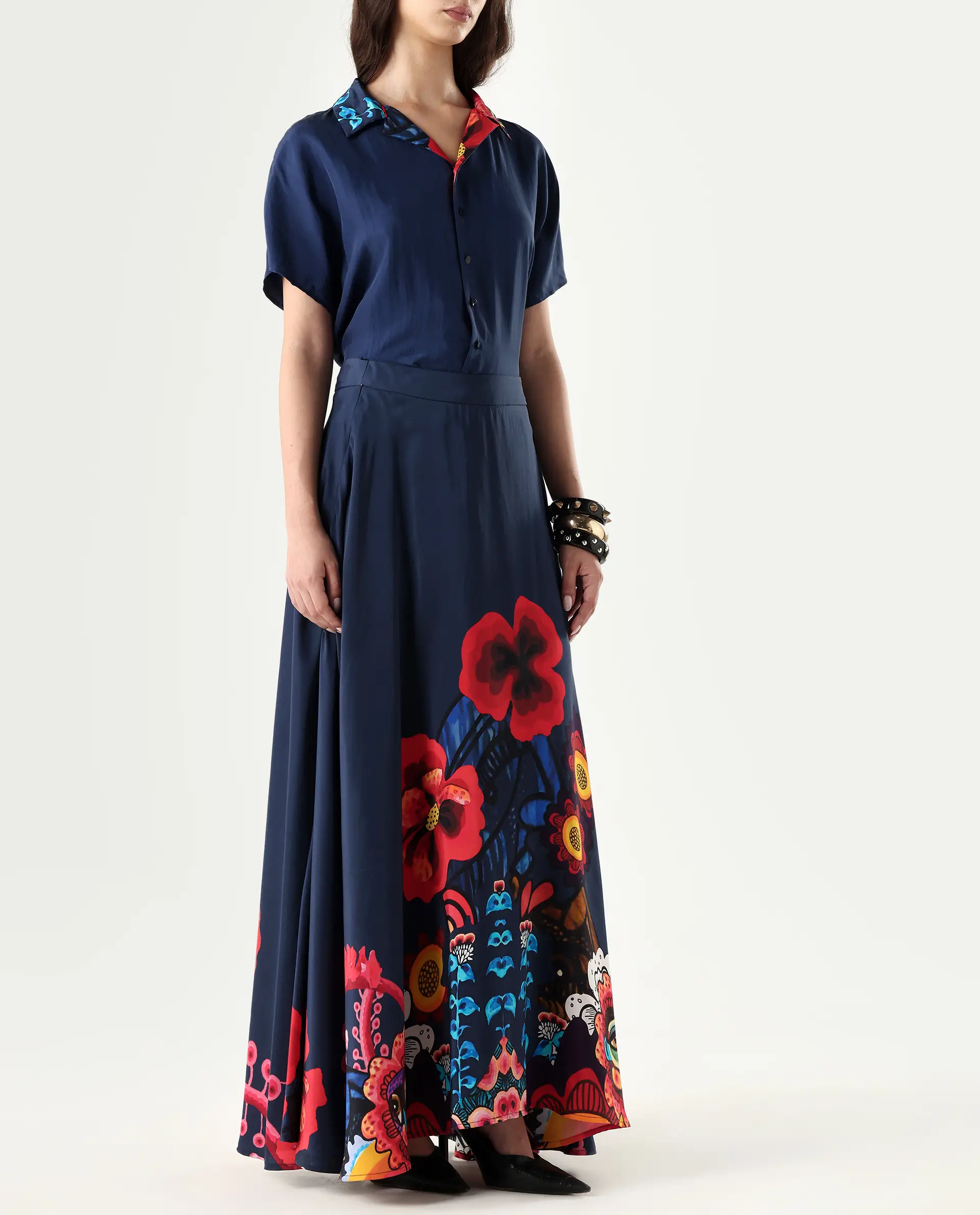 Rareism Women's Bezfa-B Navy Silk Flared Abstract Print Skirt - Image 6