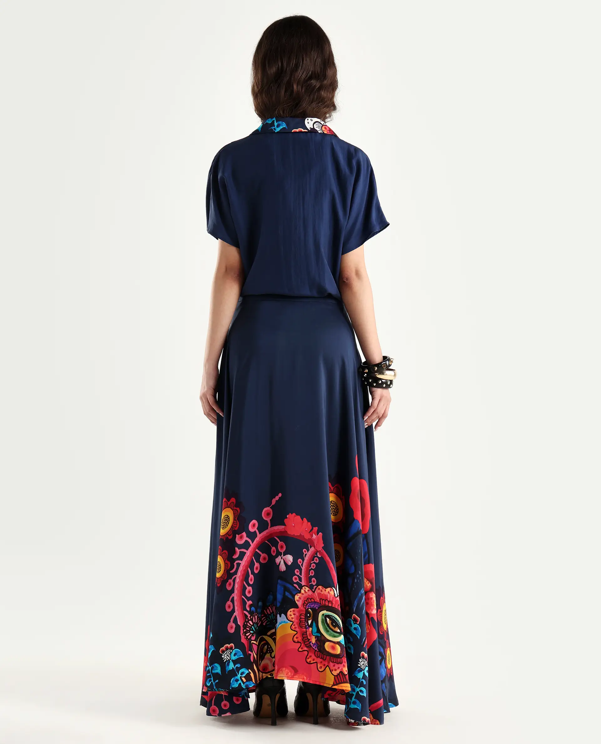 Rareism Women's Bezfa-B Navy Silk Flared Abstract Print Skirt - Image 7
