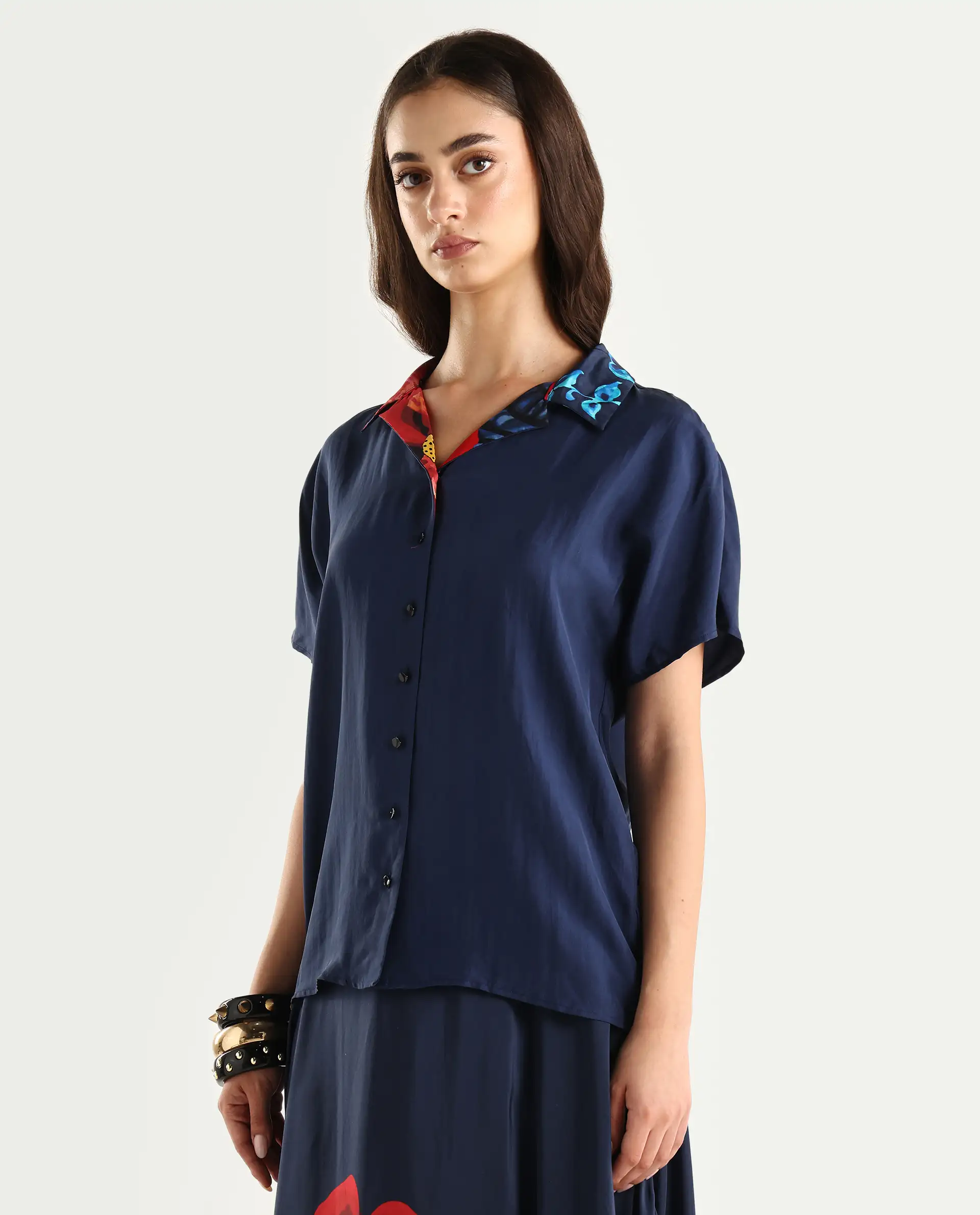Rareism Women's Bezfa-T Navy Silk Half Sleeve Relaxed Fit Plain Shirt - Image 2