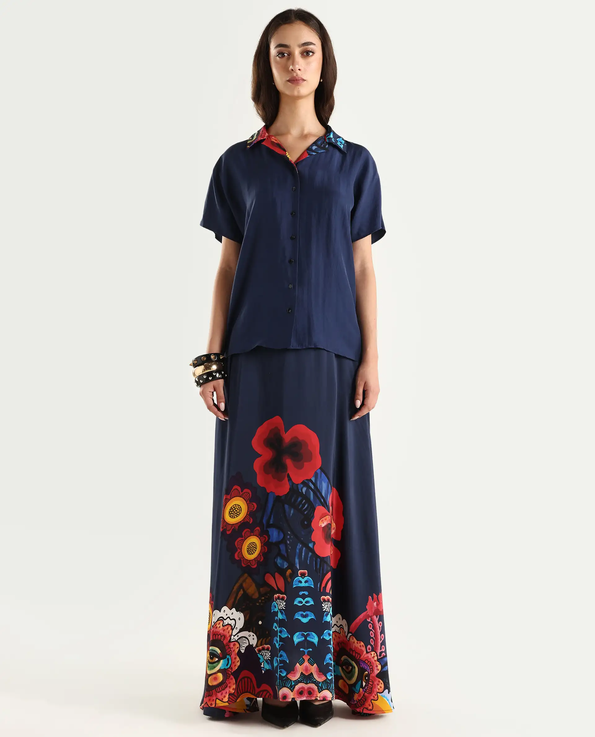 Rareism Women's Bezfa-T Navy Silk Half Sleeve Relaxed Fit Plain Shirt - Image 3