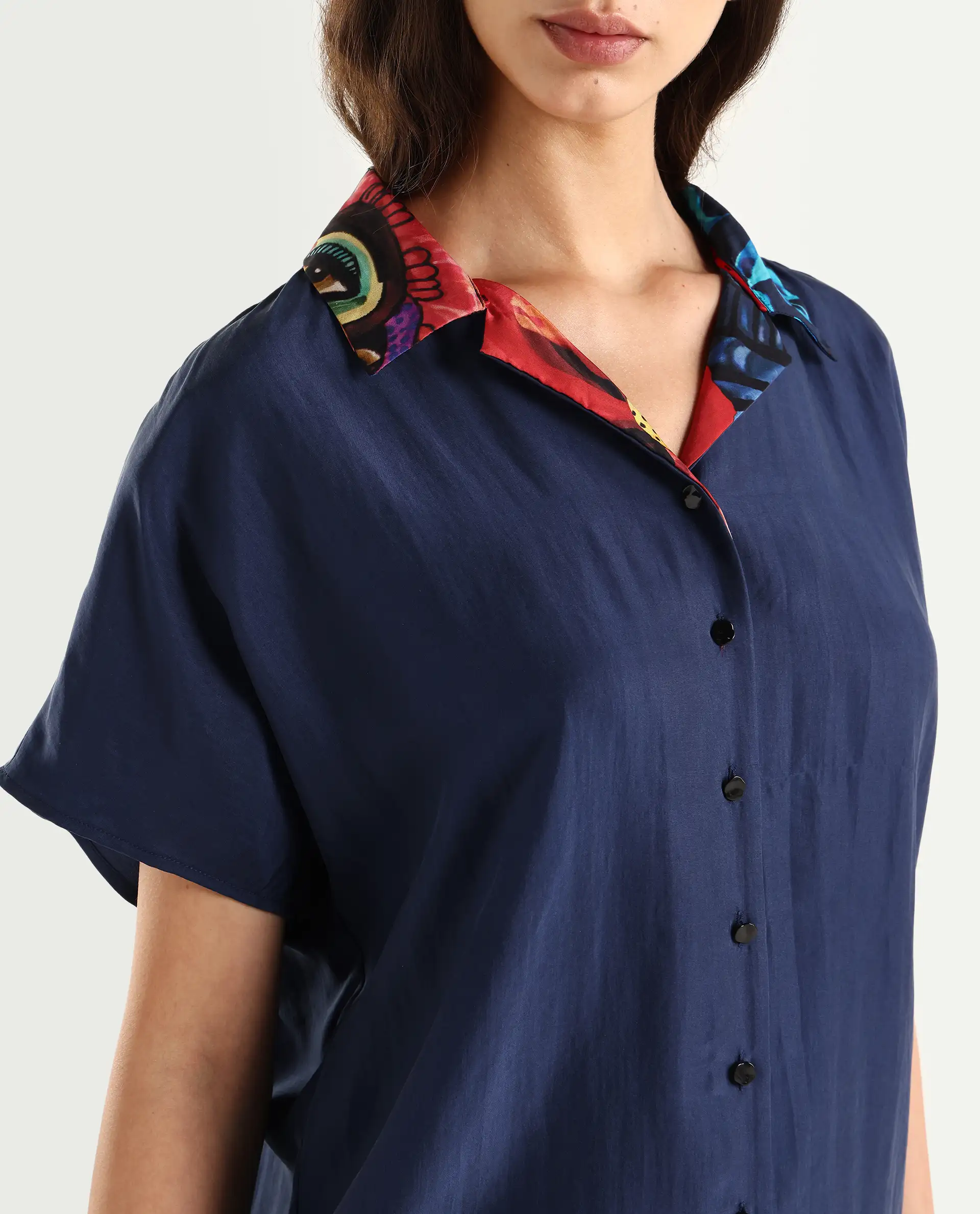 Rareism Women's Bezfa-T Navy Silk Half Sleeve Relaxed Fit Plain Shirt - Image 4