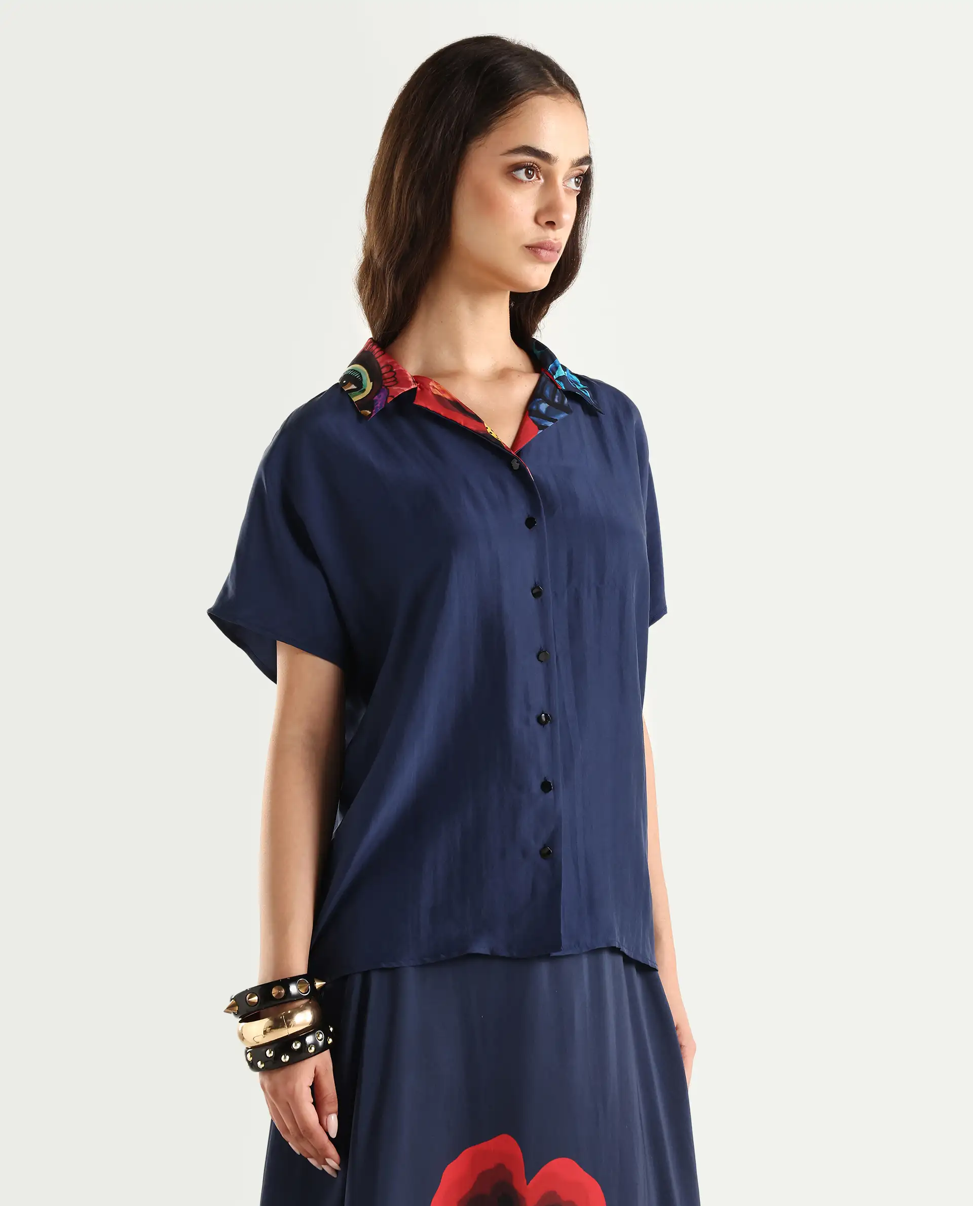 Rareism Women's Bezfa-T Navy Silk Half Sleeve Relaxed Fit Plain Shirt - Image 5