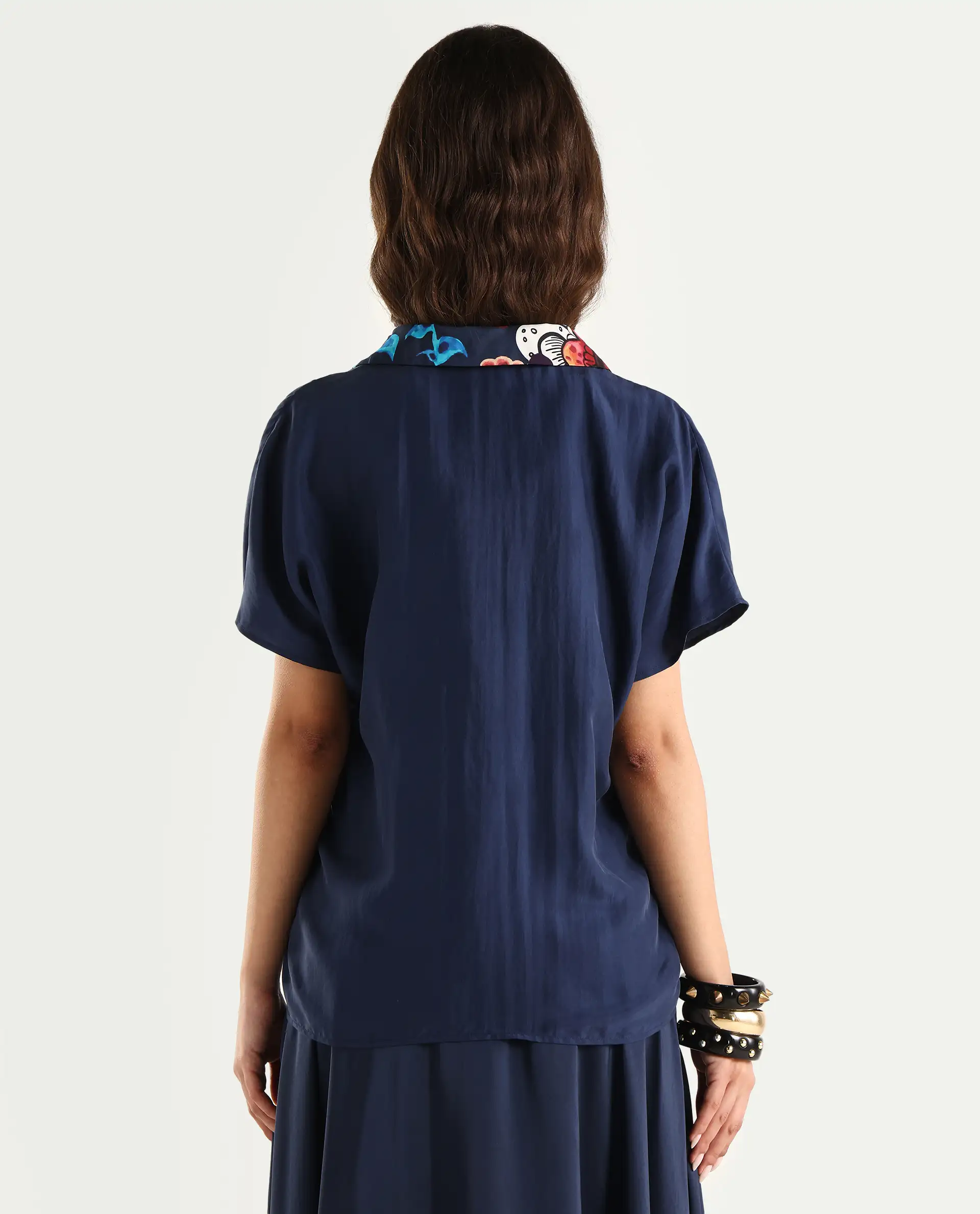 Rareism Women's Bezfa-T Navy Silk Half Sleeve Relaxed Fit Plain Shirt - Image 6