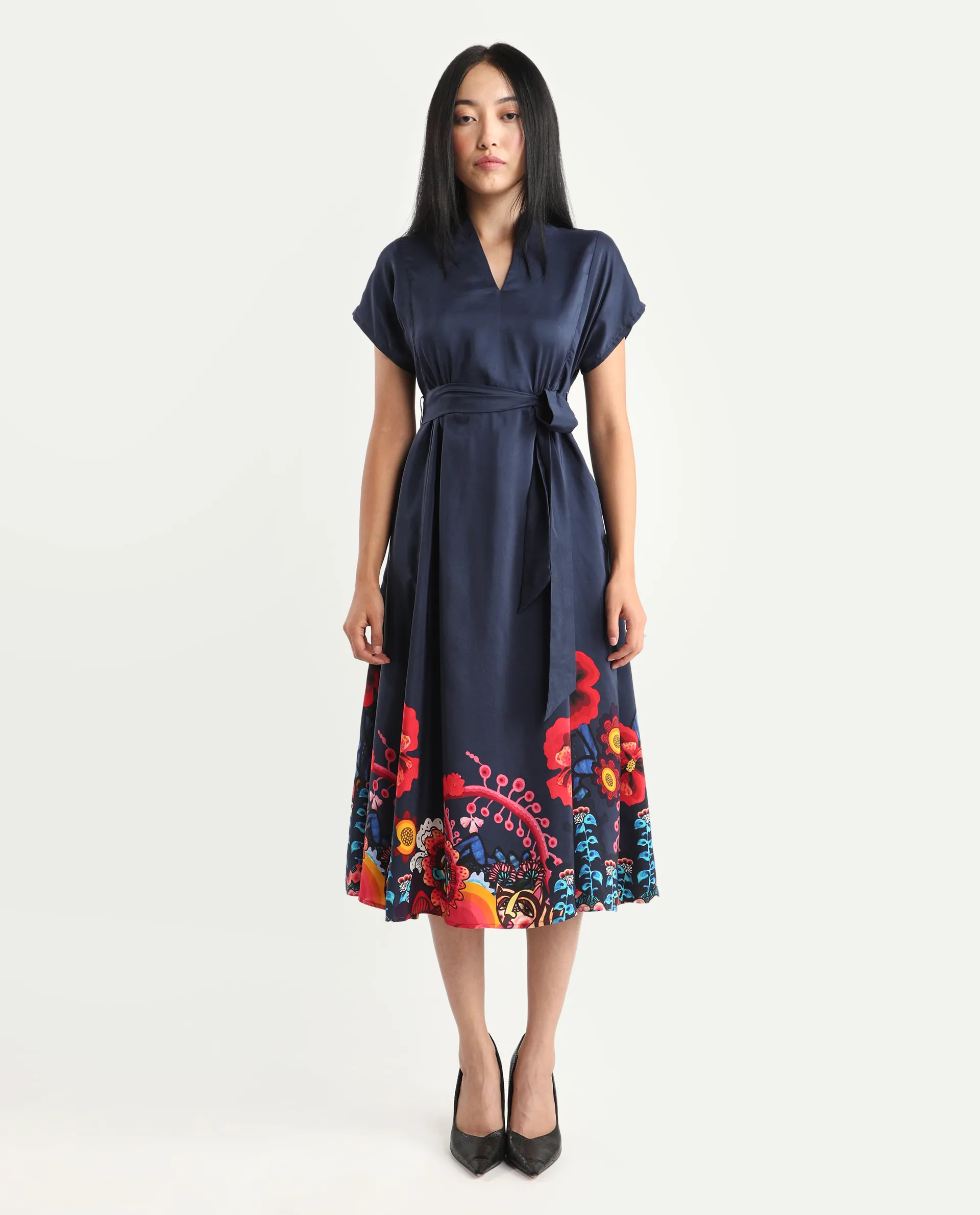 Rareism Women's Beziha Navy Silk Half Sleeve Flared Abstract Print Dress - Image 2