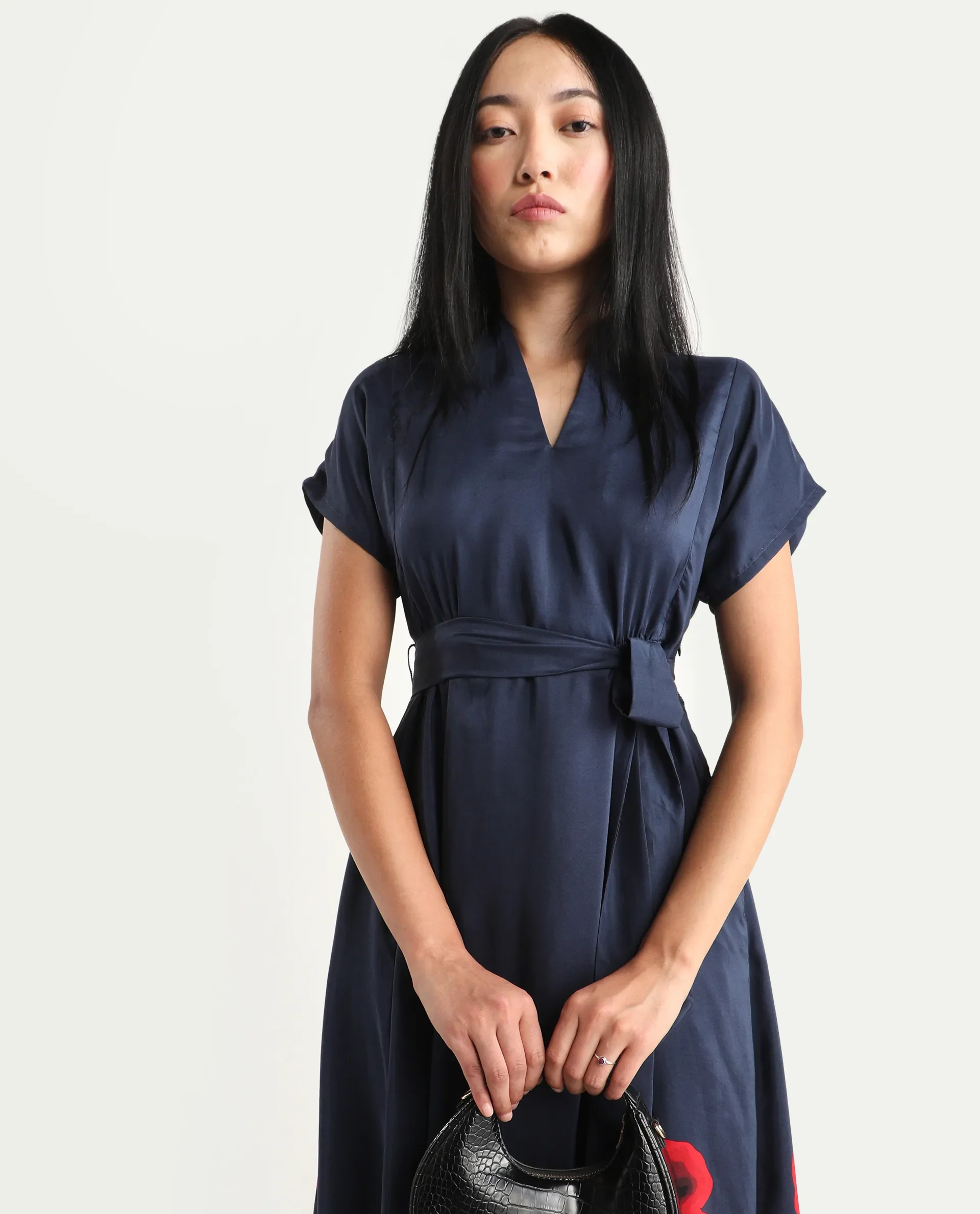 Rareism Women's Beziha Navy Silk Half Sleeve Flared Abstract Print Dress - Image 3
