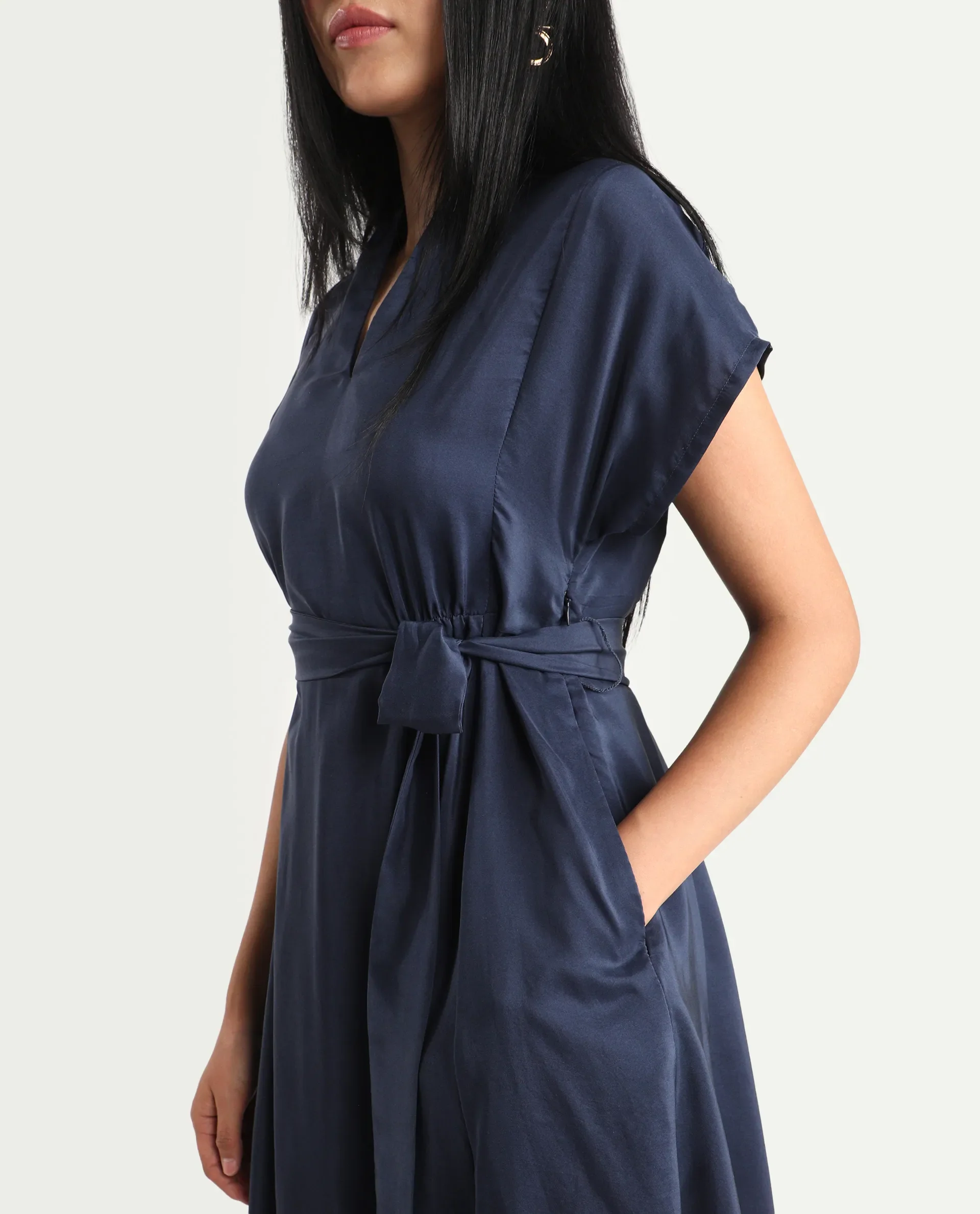 Rareism Women's Beziha Navy Silk Half Sleeve Flared Abstract Print Dress - Image 4