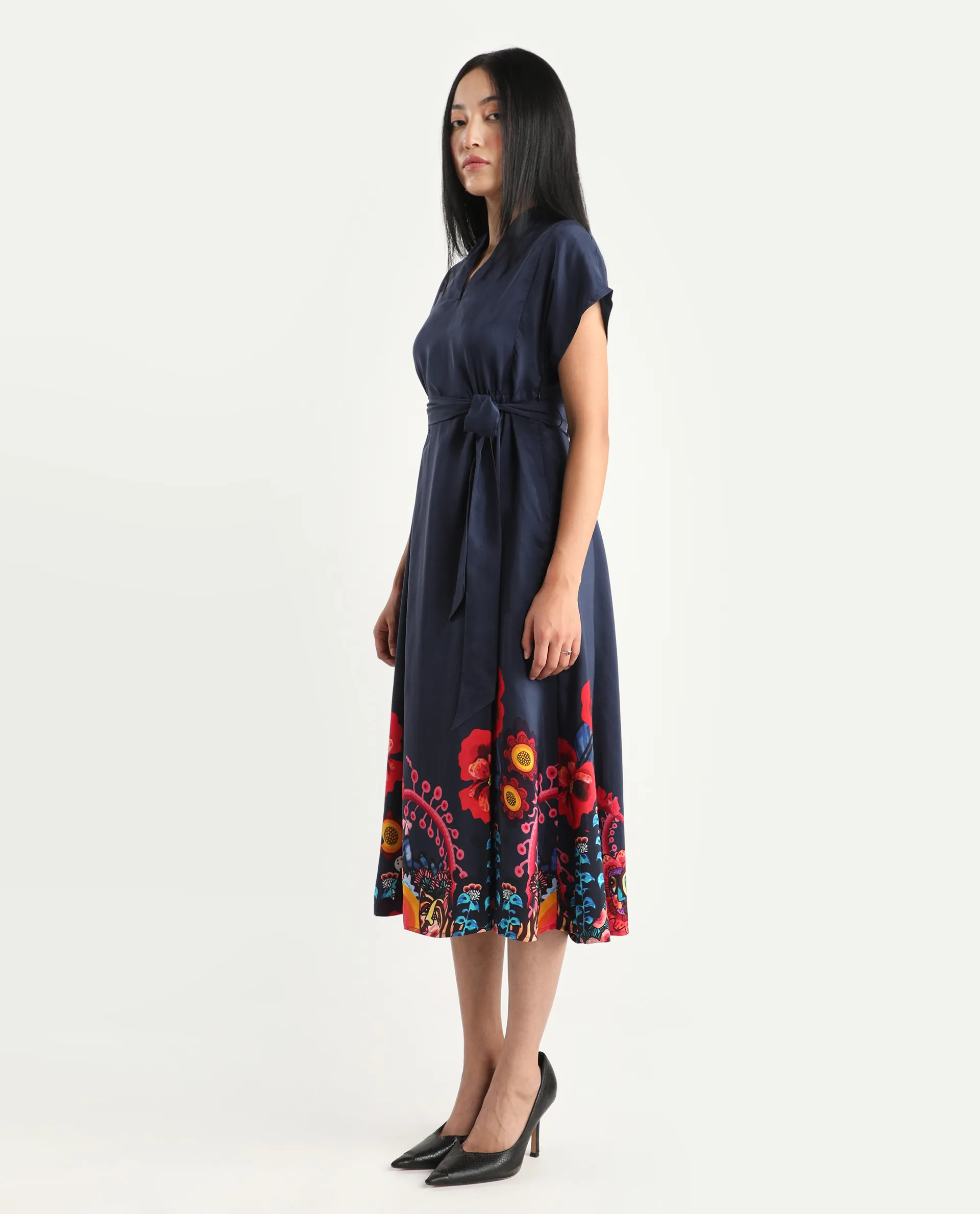 Rareism Women's Beziha Navy Silk Half Sleeve Flared Abstract Print Dress - Image 5