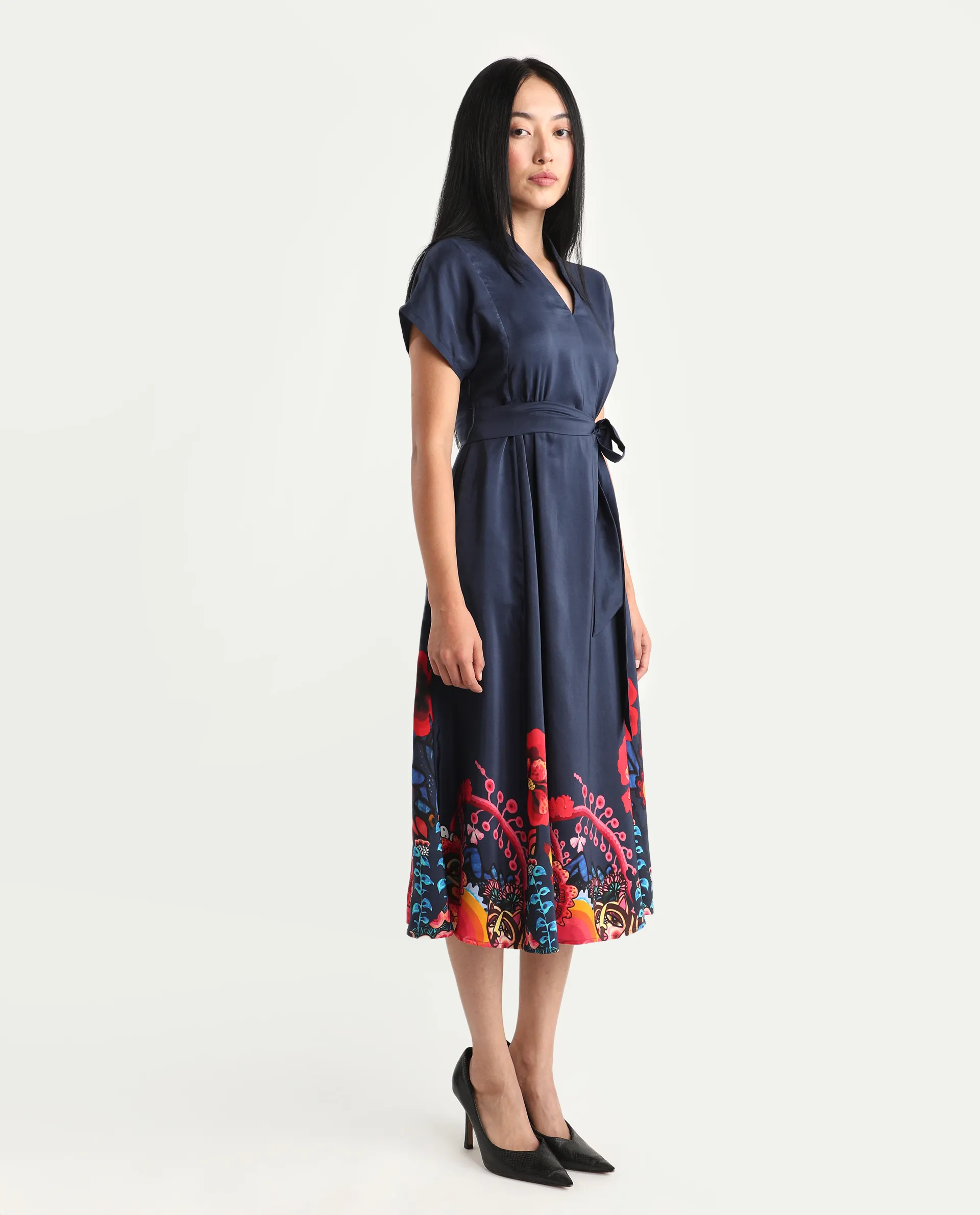 Rareism Women's Beziha Navy Silk Half Sleeve Flared Abstract Print Dress - Image 6
