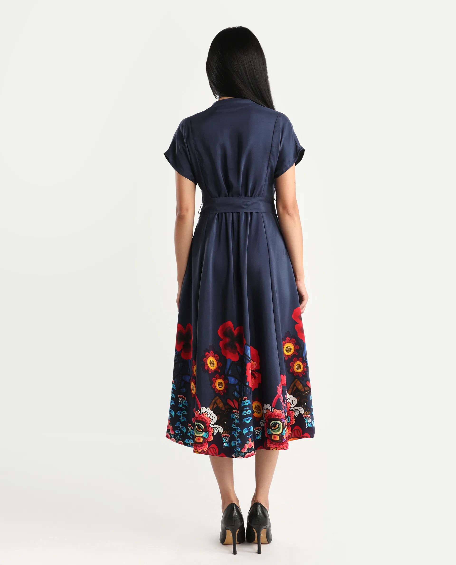 Rareism Women's Beziha Navy Silk Half Sleeve Flared Abstract Print Dress - Image 7