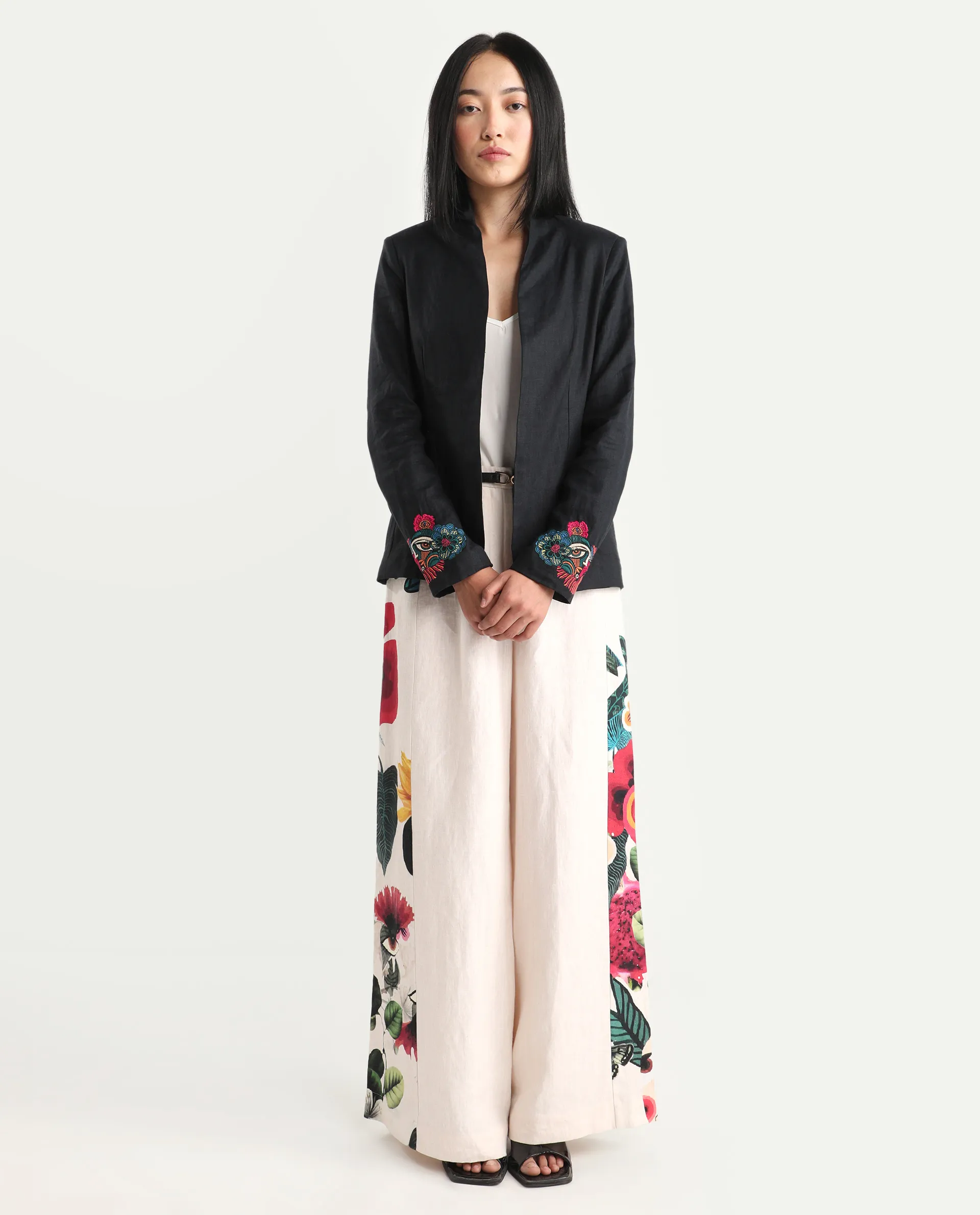 Rareism Women's Bezko Black 100% Linen Full Sleeve Regular Fit Embroidered Shrug - Image 2