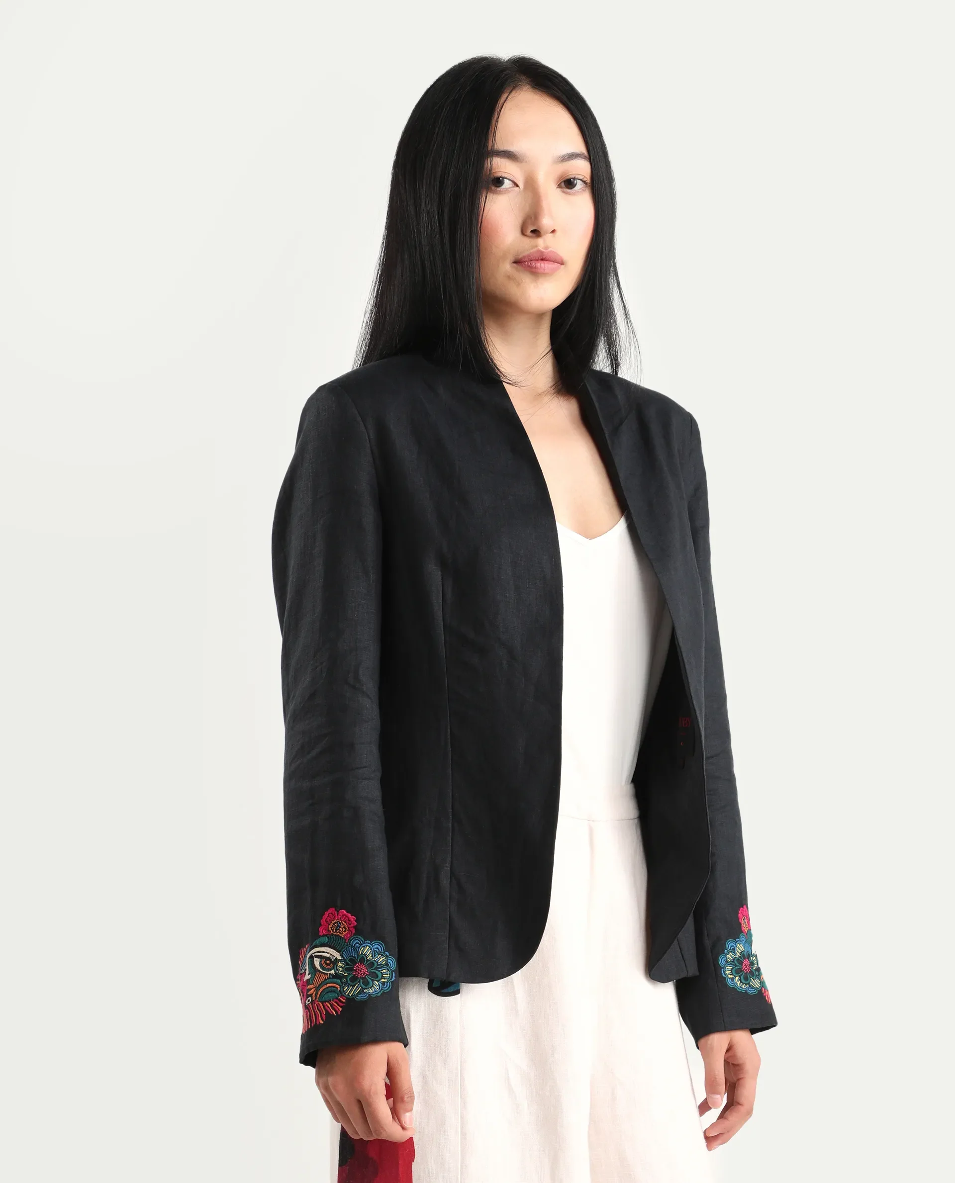 Rareism Women's Bezko Black 100% Linen Full Sleeve Regular Fit Embroidered Shrug - Image 3