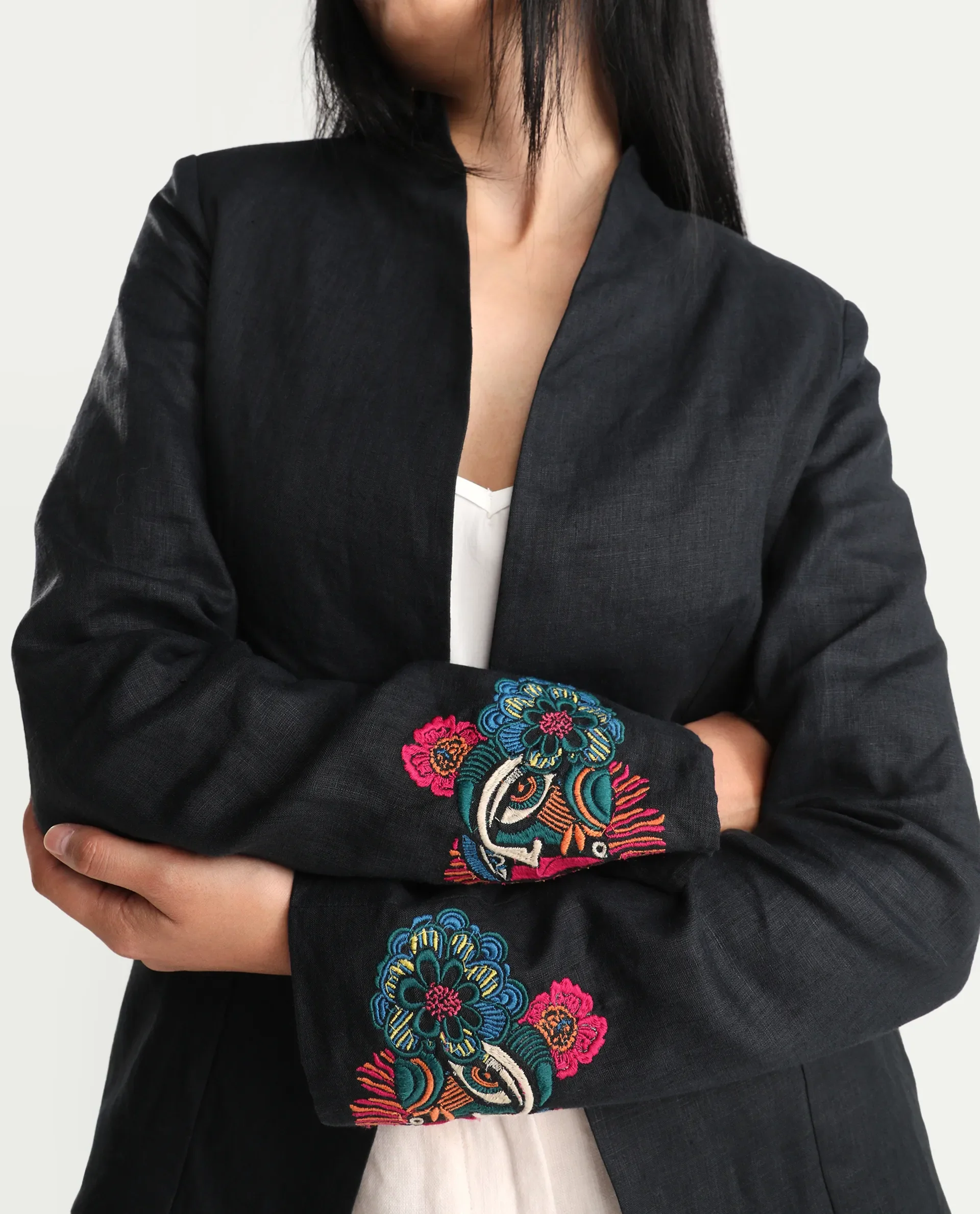 Rareism Women's Bezko Black 100% Linen Full Sleeve Regular Fit Embroidered Shrug - Image 4