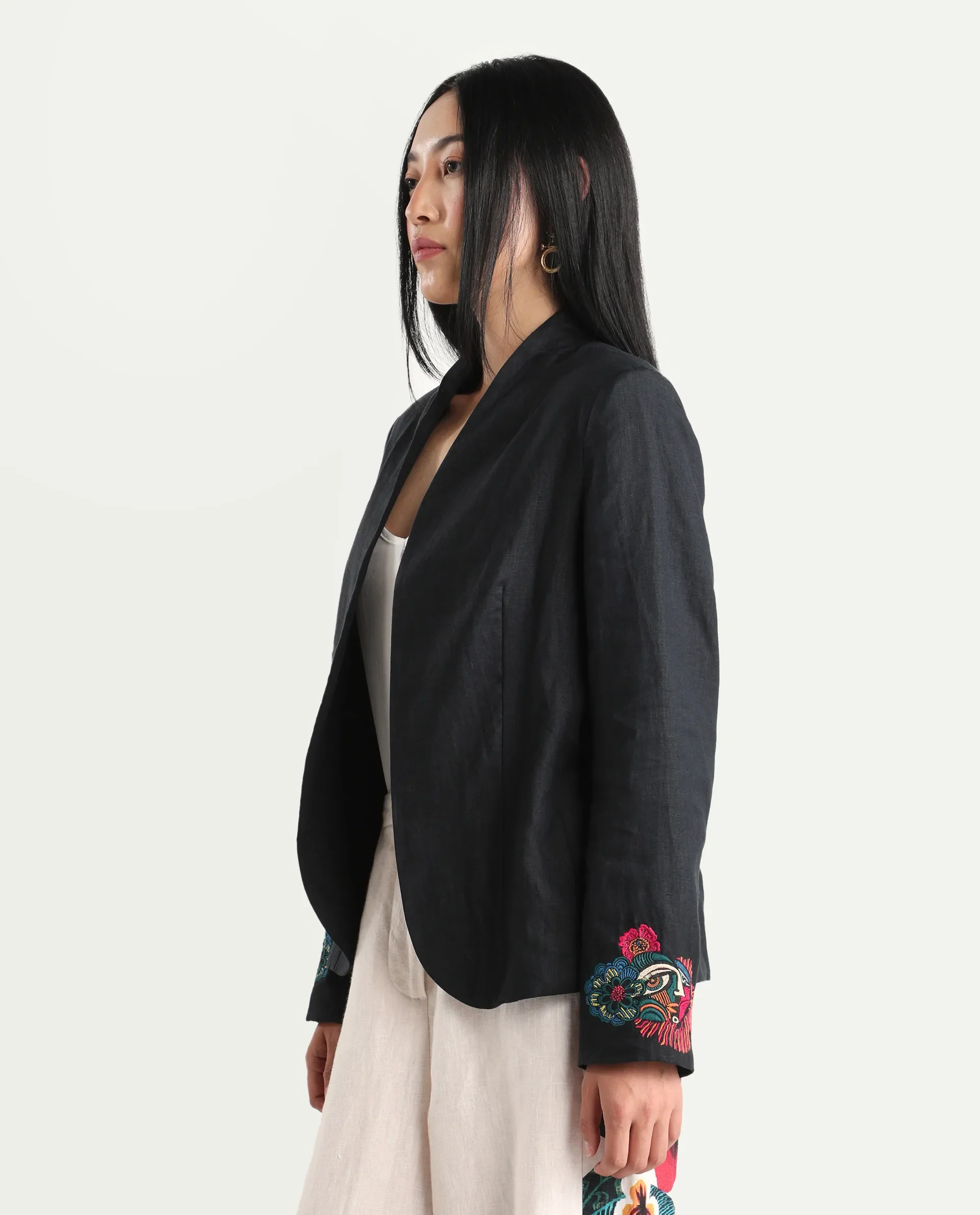 Rareism Women's Bezko Black 100% Linen Full Sleeve Regular Fit Embroidered Shrug - Image 6