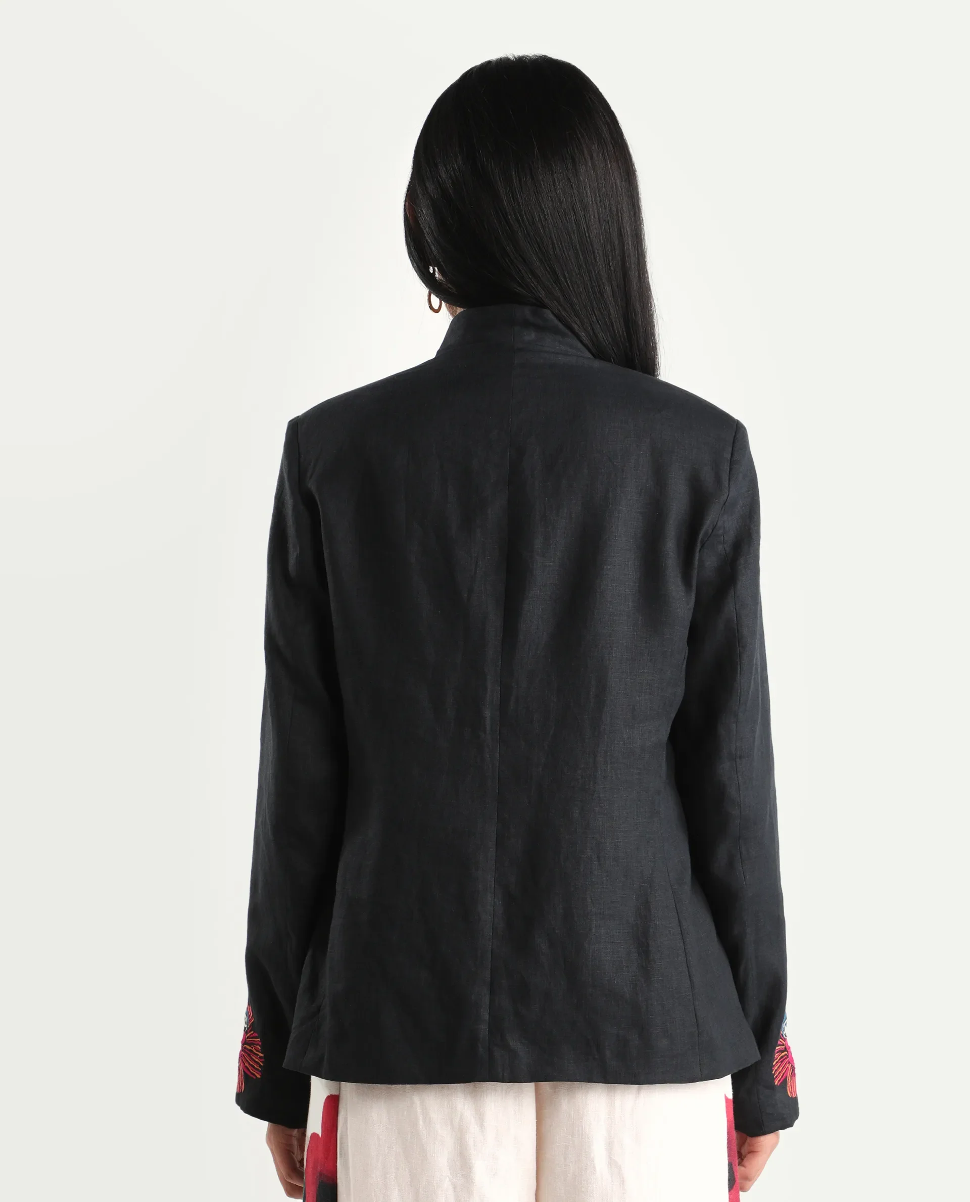 Rareism Women's Bezko Black 100% Linen Full Sleeve Regular Fit Embroidered Shrug - Image 7