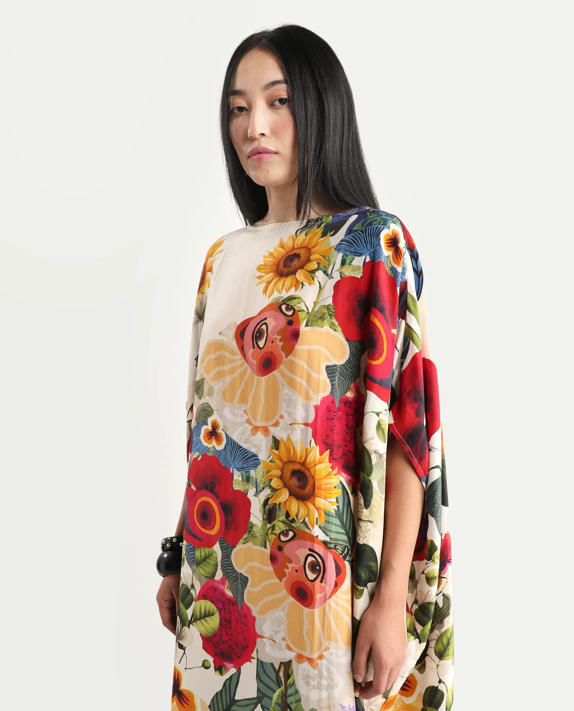 Rareism Women's Bezrea Off White Silk 3/4Th Sleeve Kaftan Abstract Print Dress - Image 2