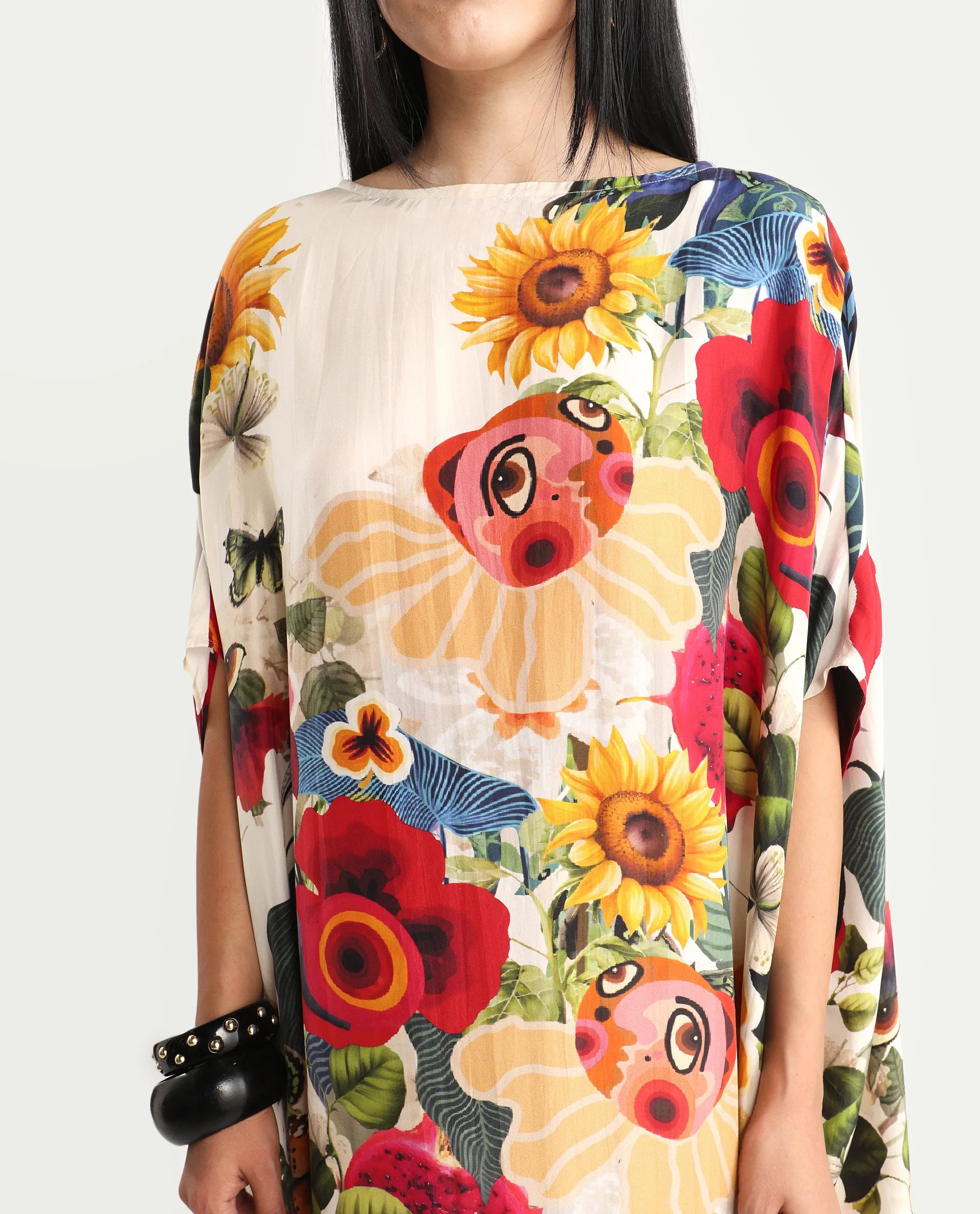 Rareism Women's Bezrea Off White Silk 3/4Th Sleeve Kaftan Abstract Print Dress - Image 3
